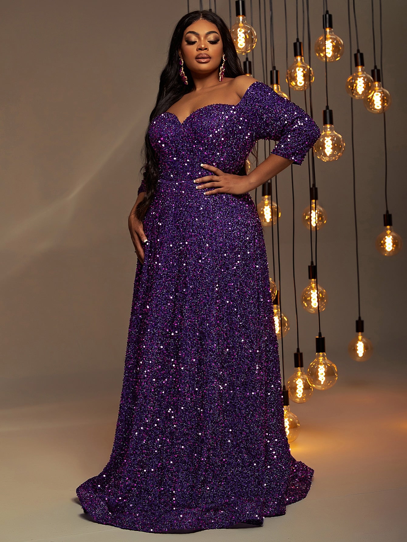 Plus 3/4 Sleeve Off Shoulder Sequin A Line Dresses