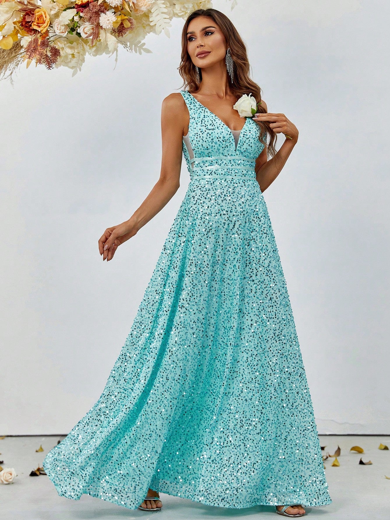 Elegant V Neck Sleeveless Sequin A-line Dresses