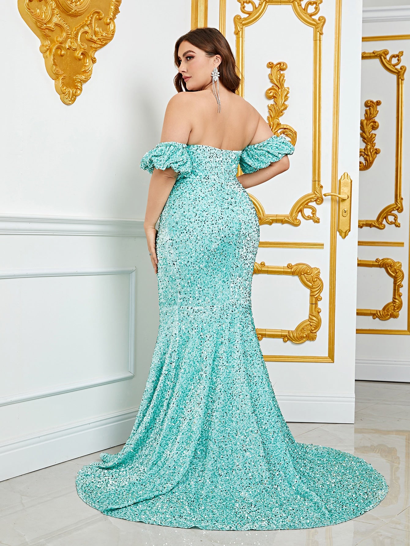 Plus Off Shoulder Puff Sleeve Mermaid Sequin Prom Dress