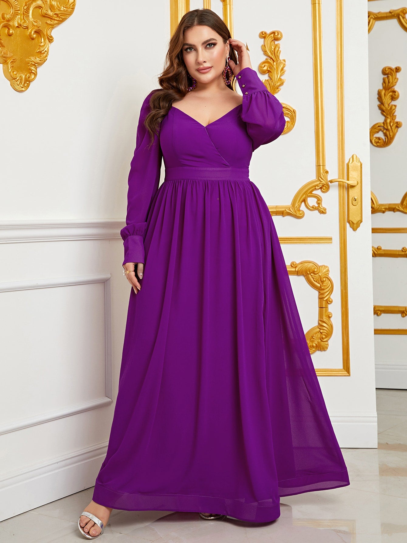 Plus Size Sweetheart Backless Long Sleeve Chiffon A line Dresses