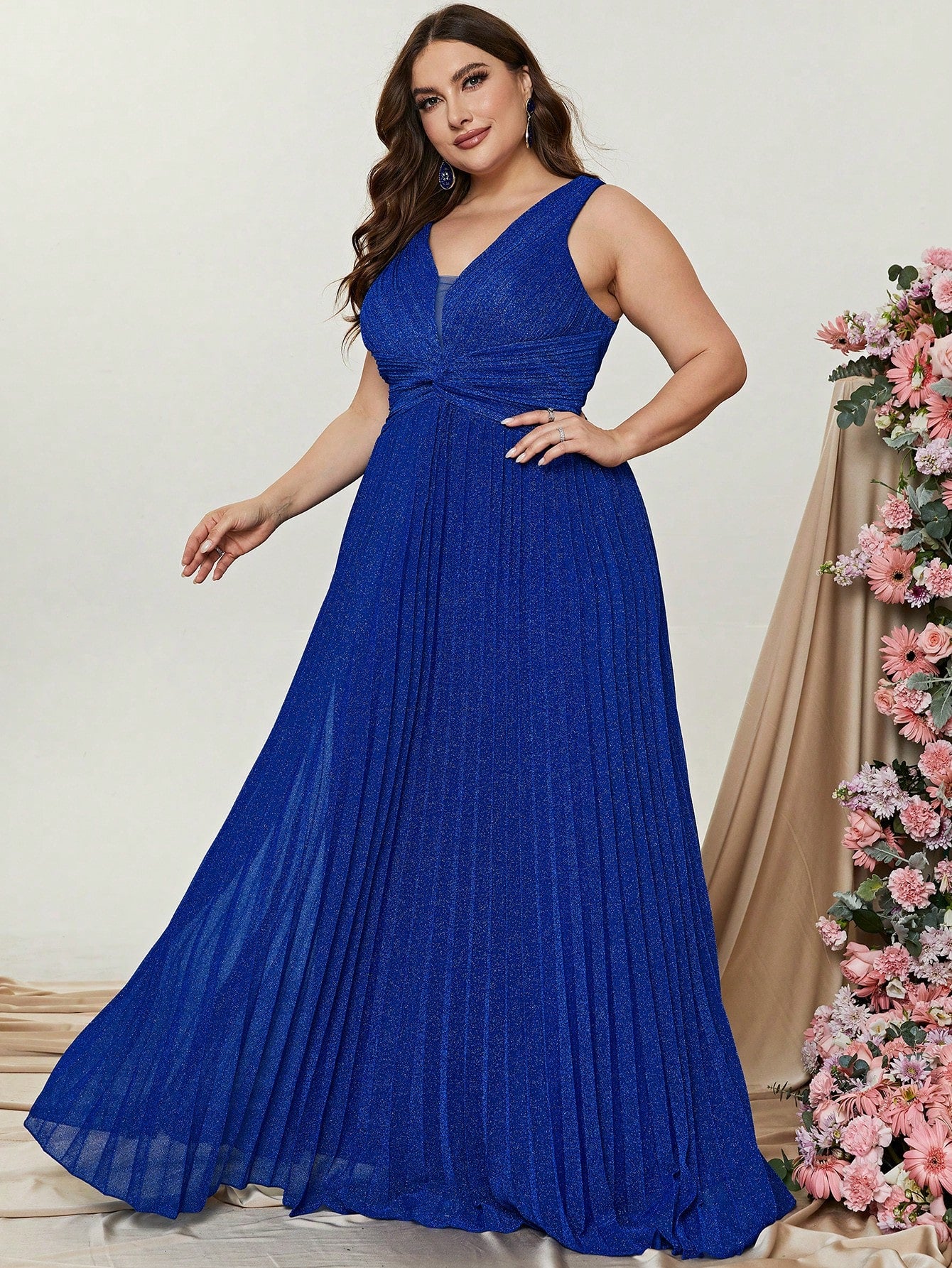 Plus Glitter V Neck Sleeveless Maxi A Line Pleated Gown