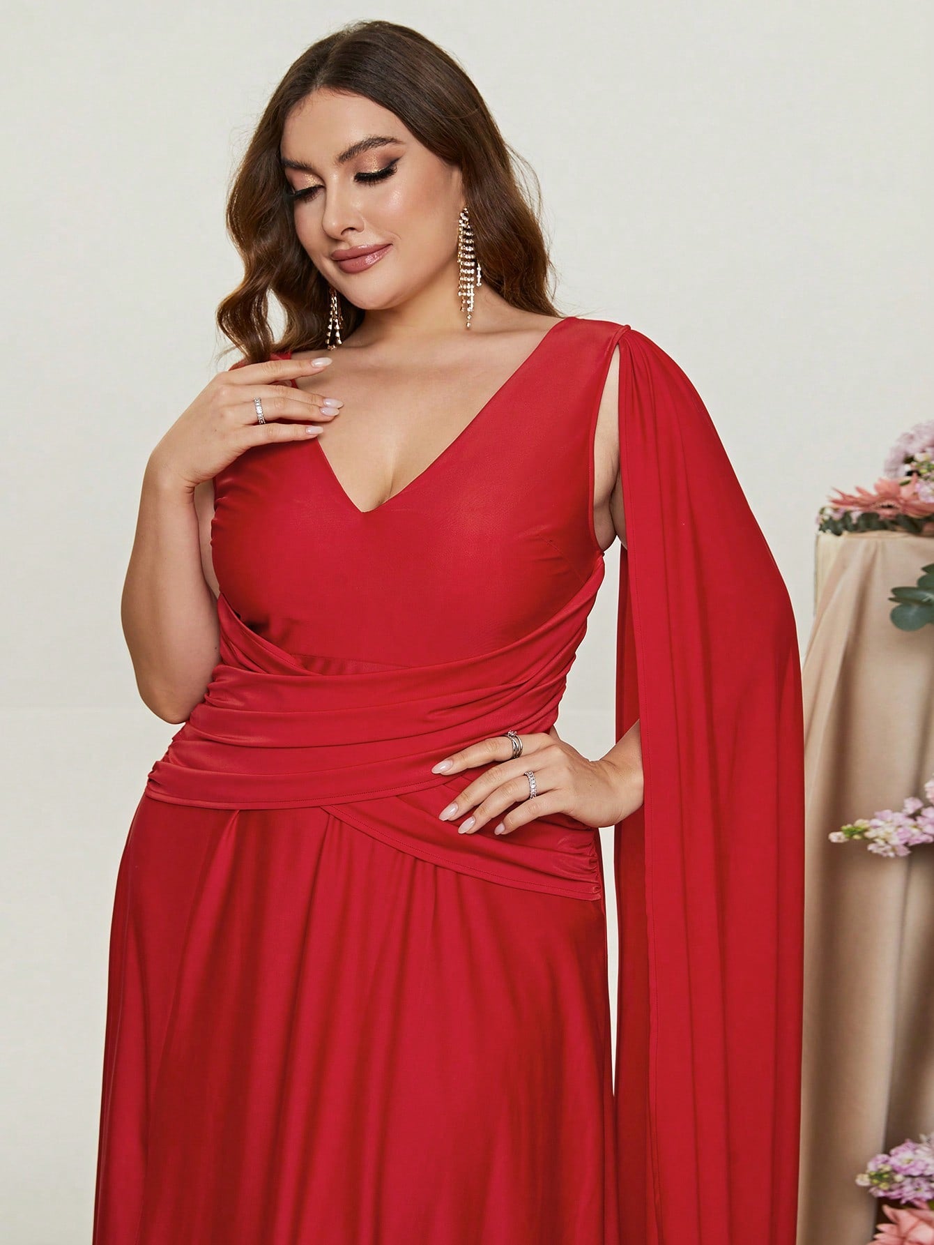 Plus Red Ruched Draped Side  A Line Dresses