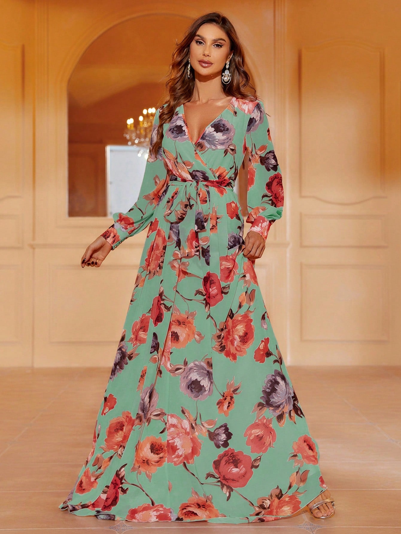 V Neck Long Sleeve Floral Print Belted Dress