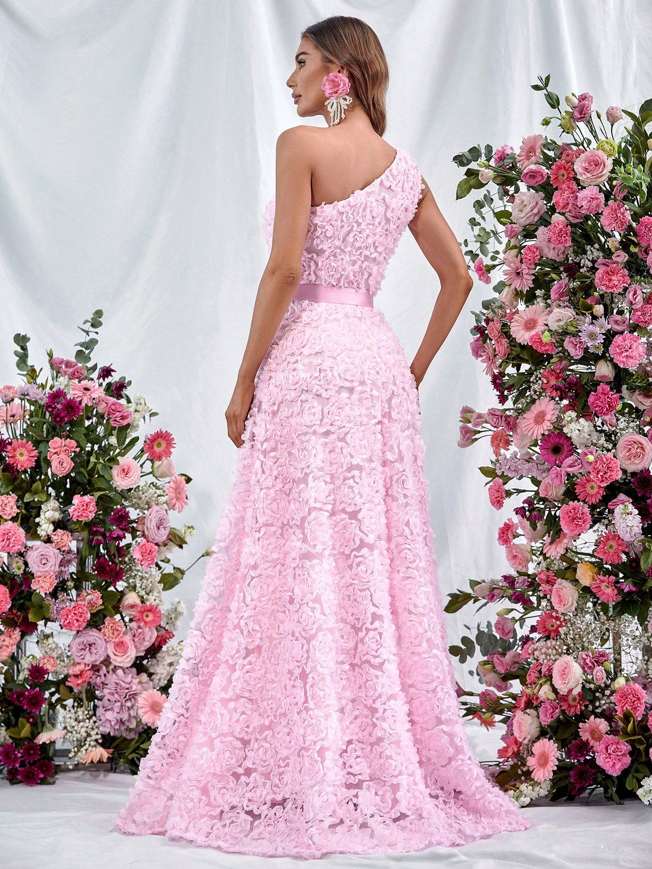 One Shoulder Sleeveless Pink 3D Flower A-Line Dresses