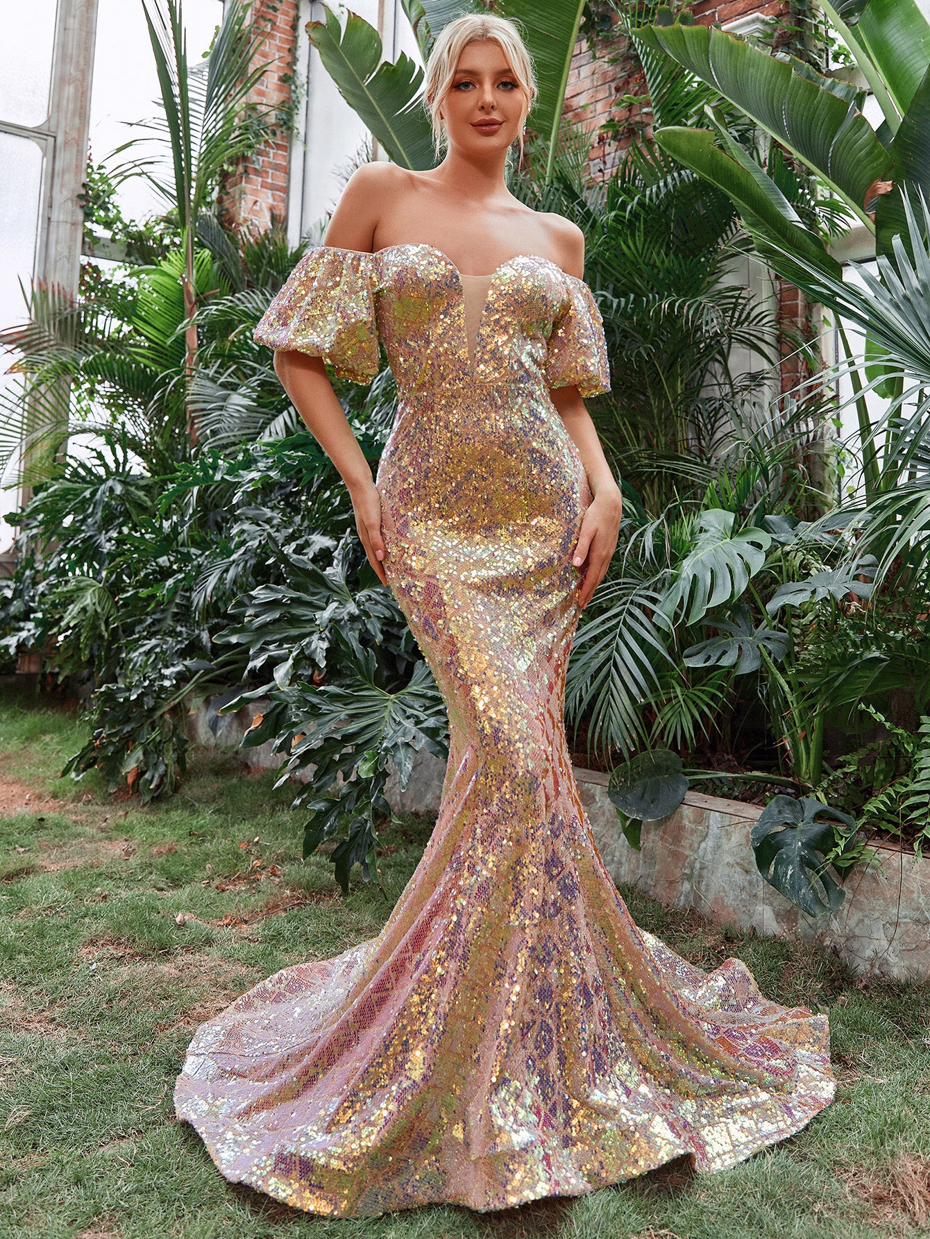 Off Shoulder Puff Sleeve Sequin Mermaid Hem Formal Dresses