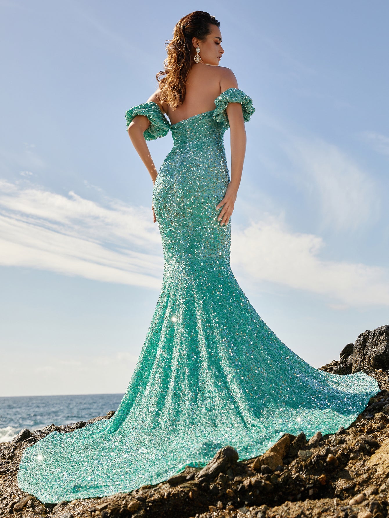 Elegant Off Shoulder Puff Sleeve Sequin Mermaid Dresses