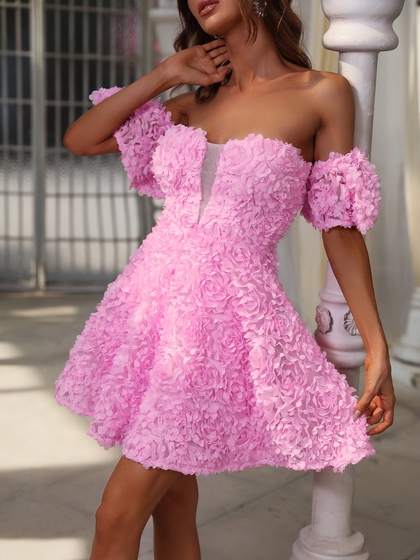 Elegant Off Shoulder Short Sleeve 3D Flower Dresses