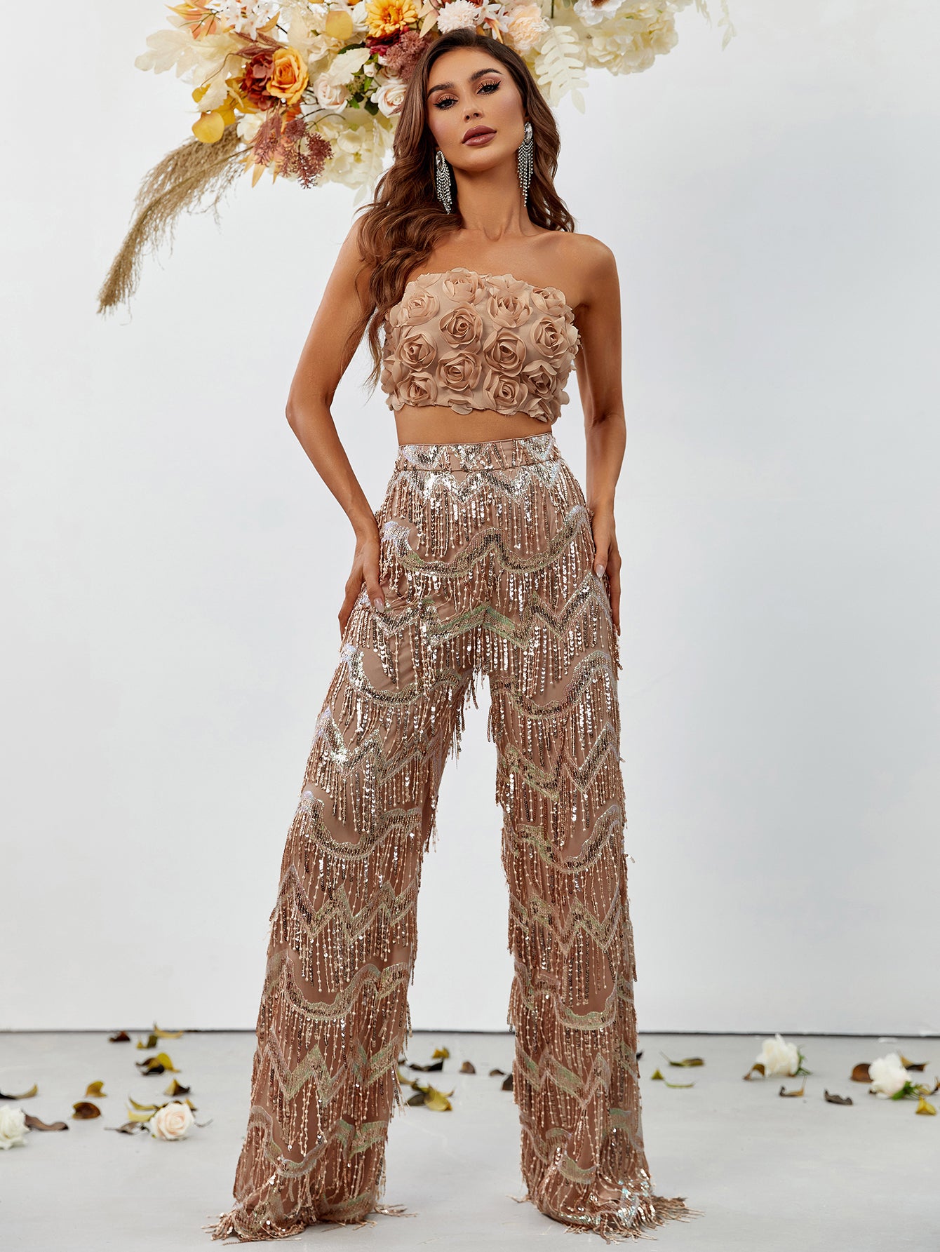 3D Flower Tube Top & Sequin Fringed Pants