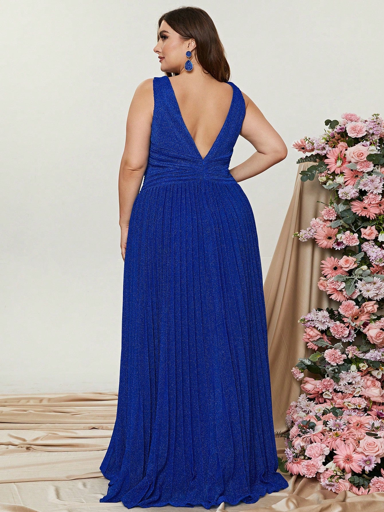 Plus Glitter V Neck Sleeveless Maxi A Line Pleated Gown