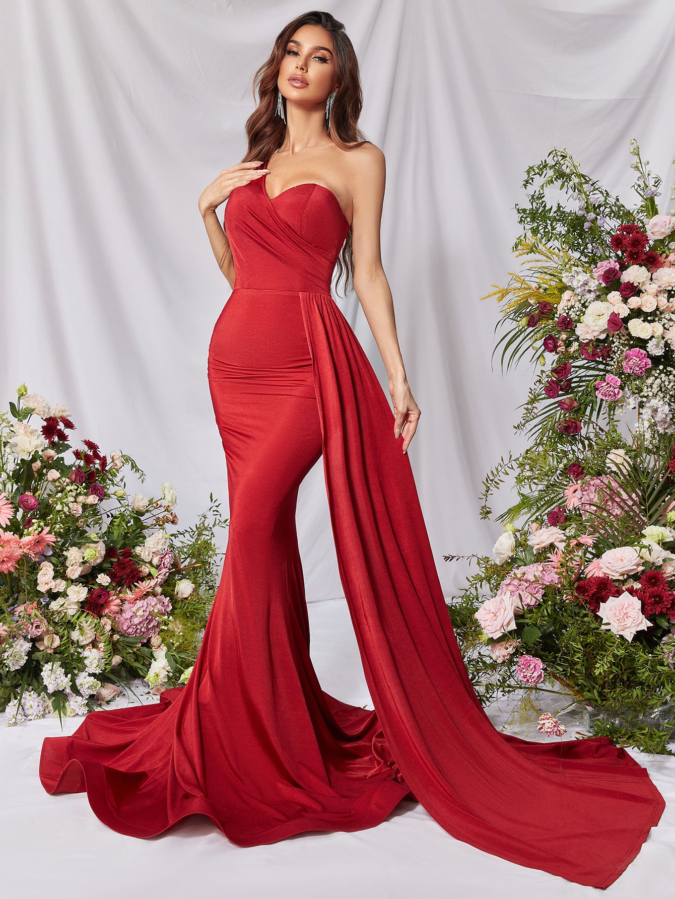 One Shoulder Sleeveless Side Draped Wrap Hem Satin Dress