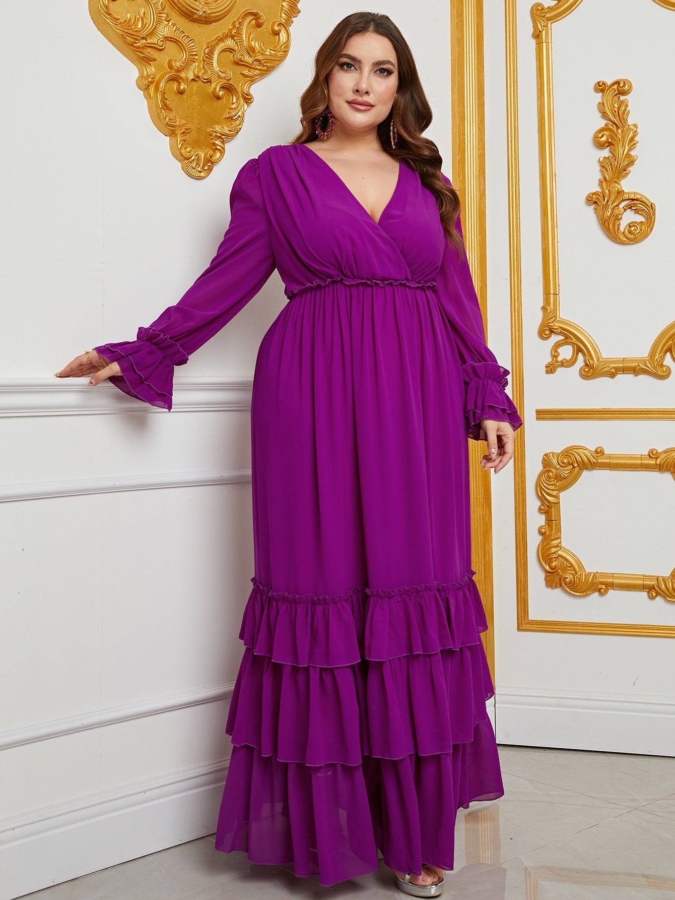 Plus Layered Ruffle Hem V Neck Lantern Sleeve Chiffon Dress