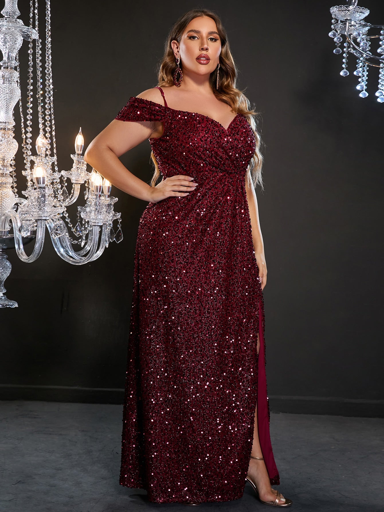 Plus Elegant Off Shoulder Short Sleeve Sequin A Line Slit Dresses