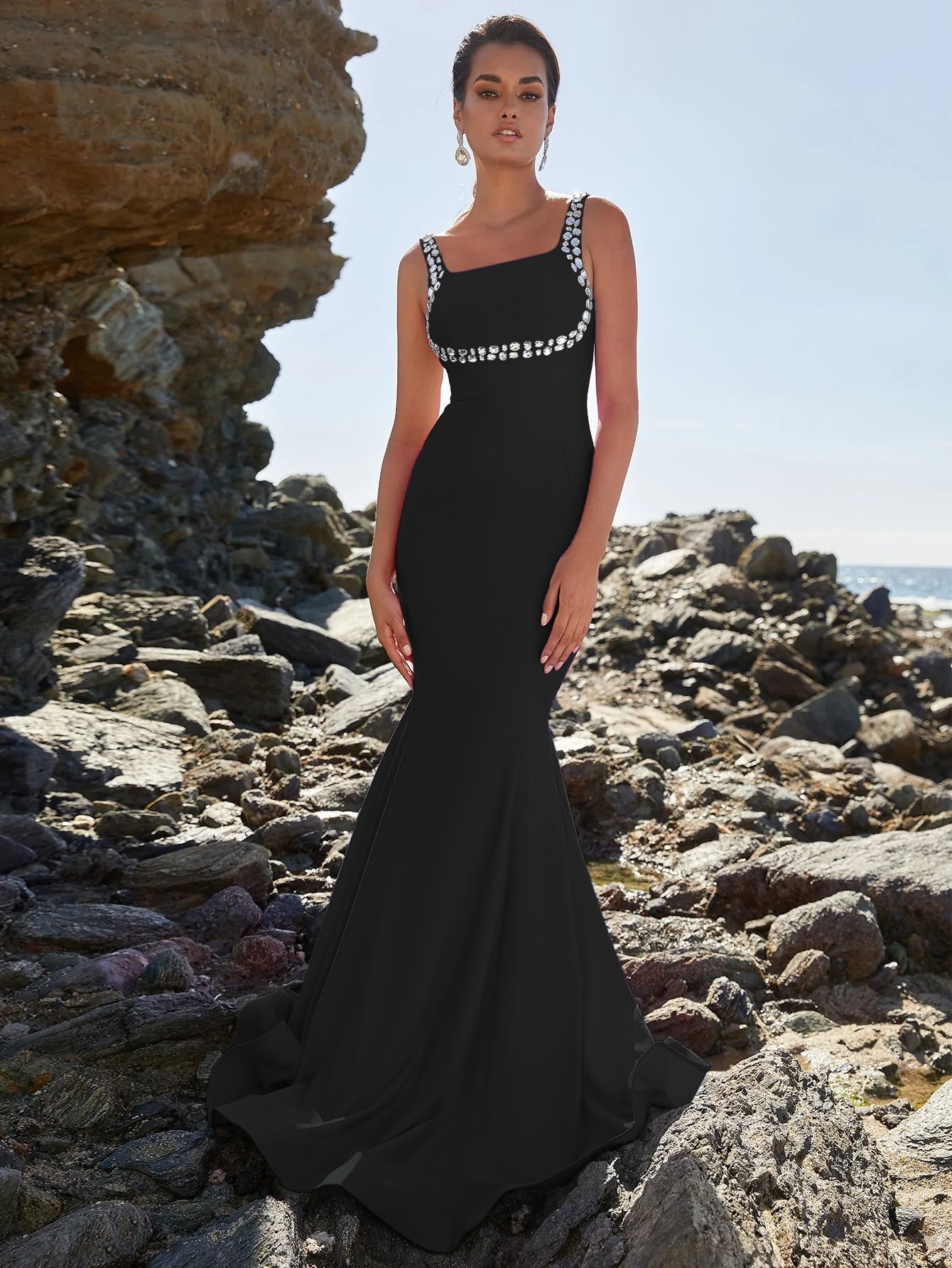 Black Square Neck Mermaid Hem Formal Gown