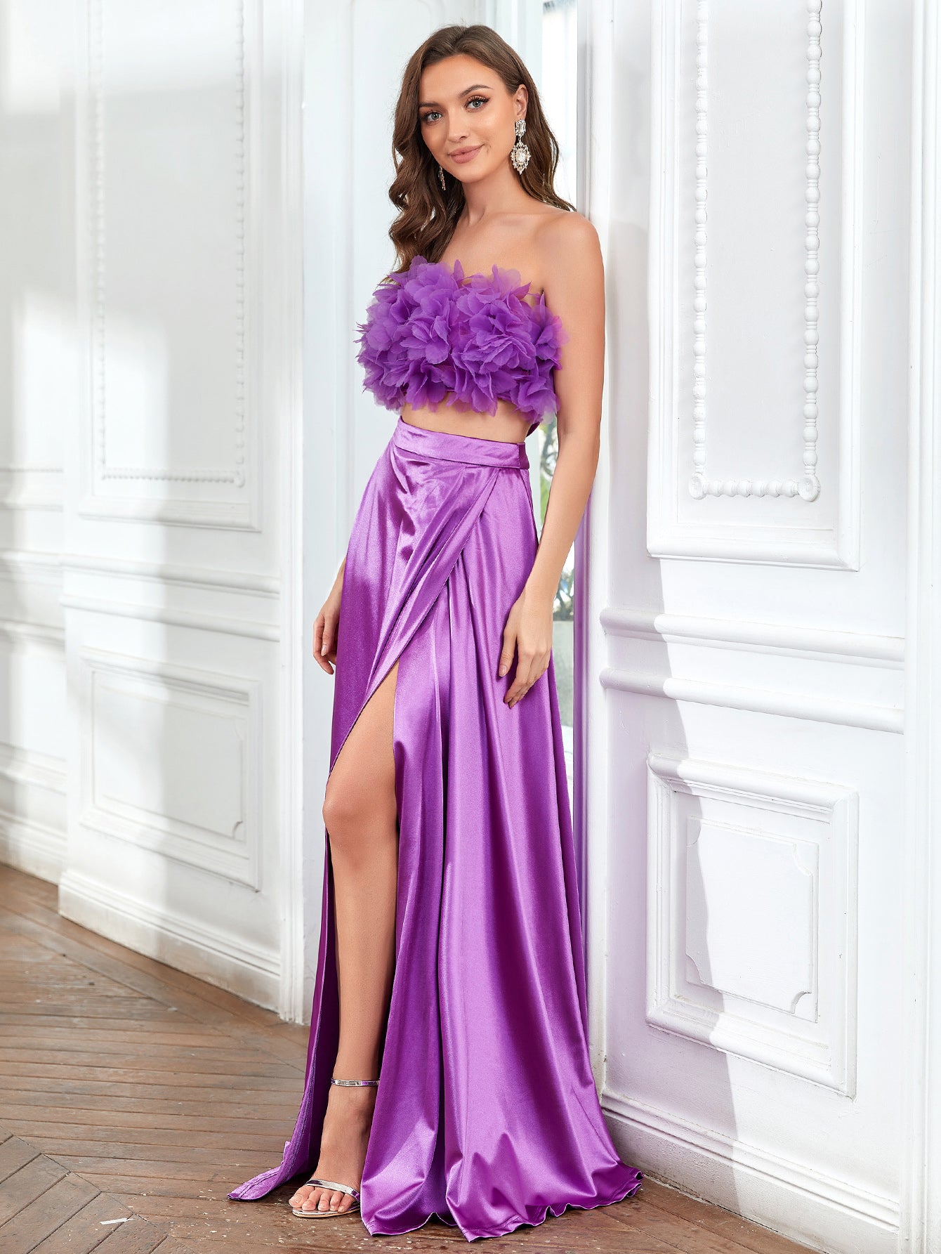 Floral Applique Cut Out Waist Split Thigh Satin Tube Dress