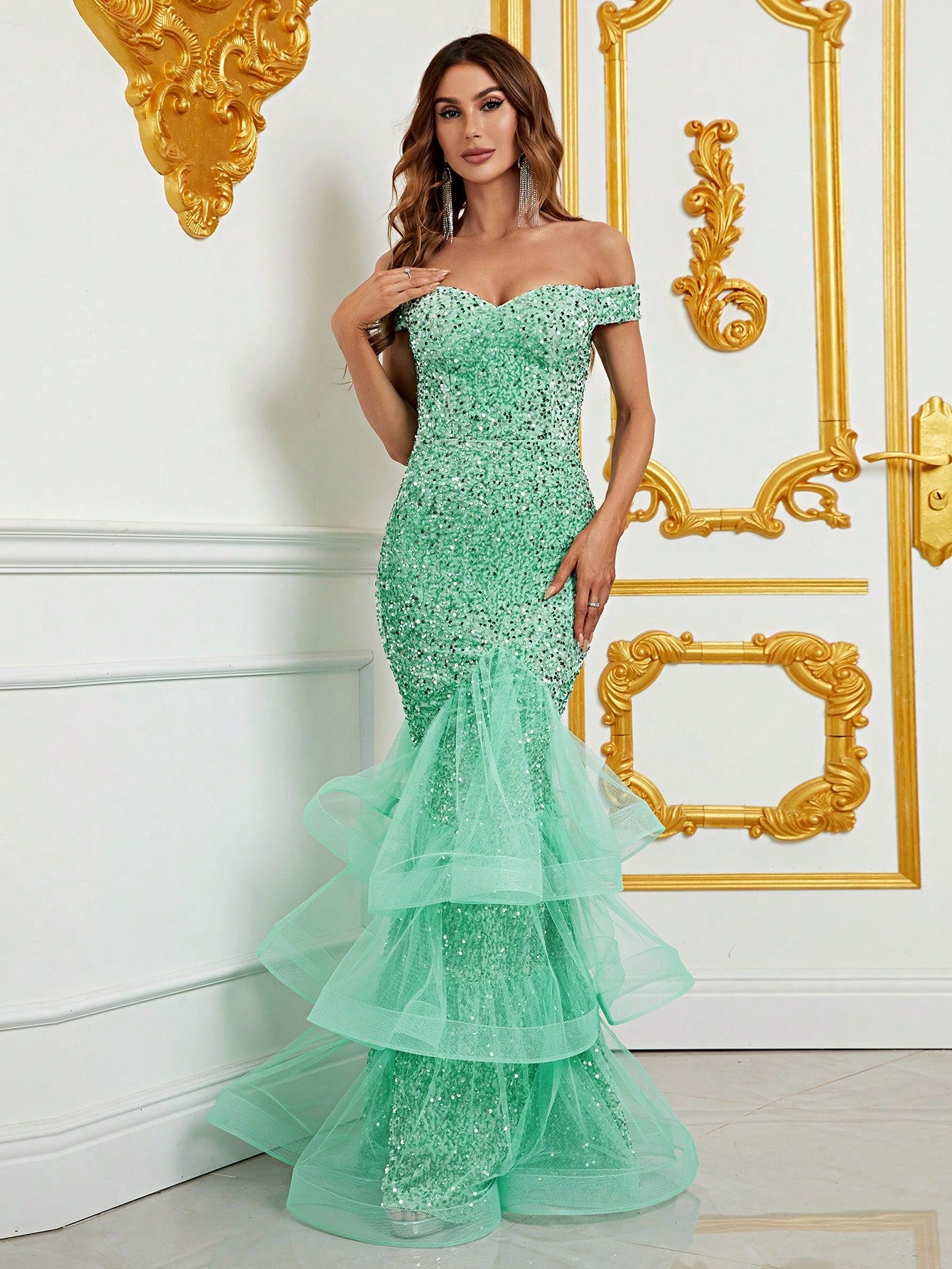 Off Shoulder Sweetheart Neckline Sequin Layered Mermaid Dress