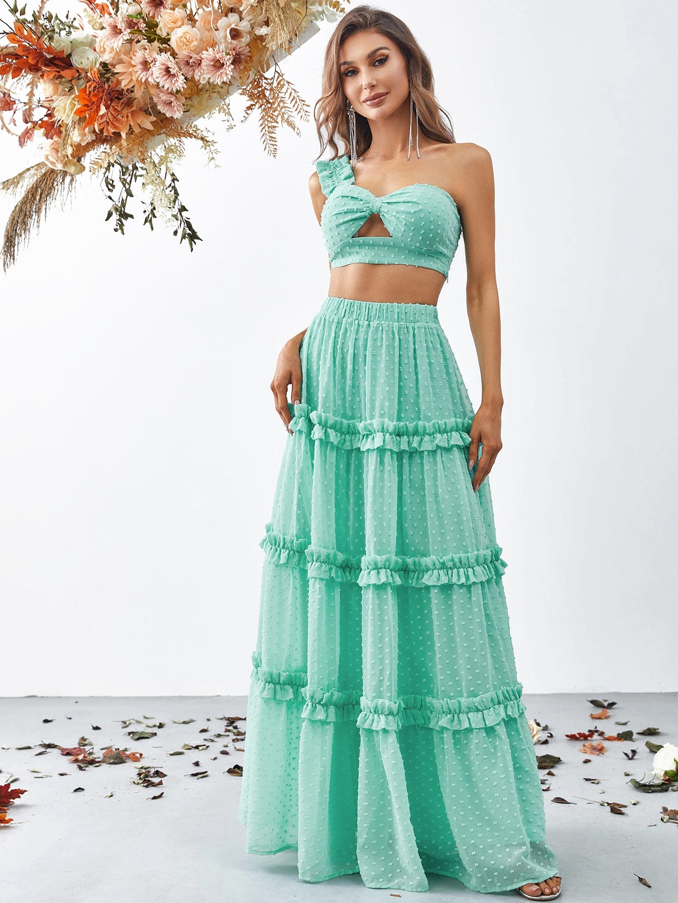 Swiss Dot One Shoulder Crop Top Tiered Maxi Skirt Two Piece Chiffon Set