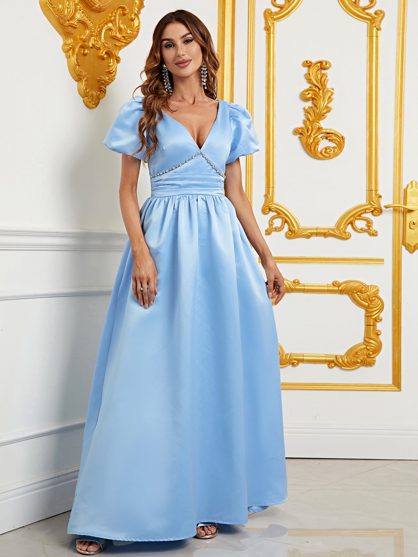 Elegant Puff Sleeve Rhinestone Detail Satin A Line Dresses