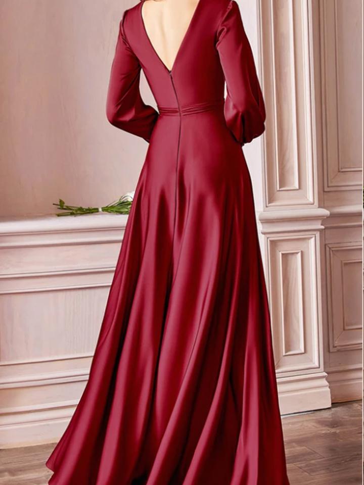 V Neck Long Sleeve High Slit A-Line Gown