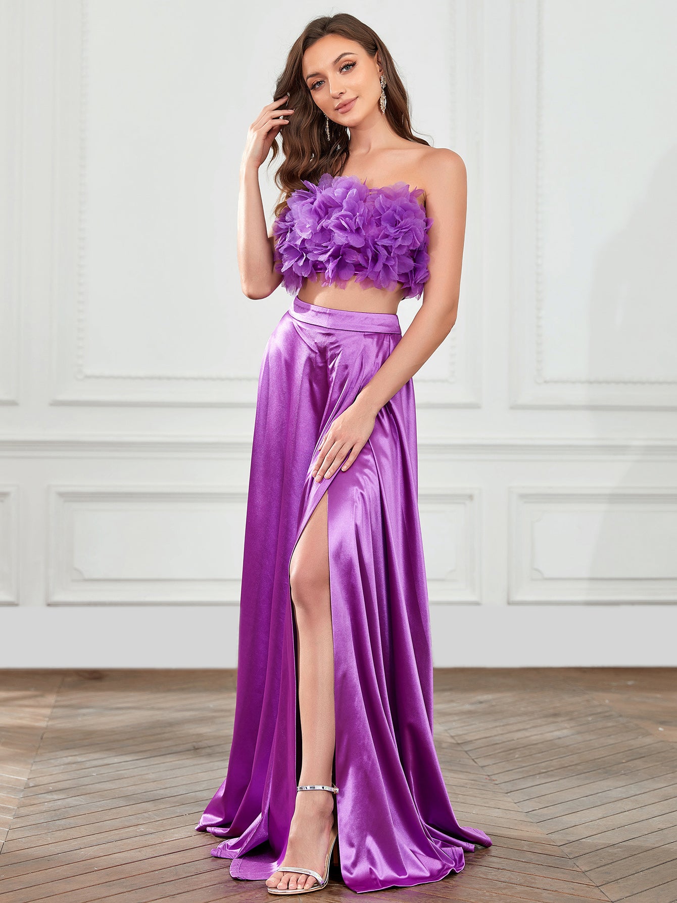 Floral Applique Cut Out Waist Split Thigh Satin Tube Dress