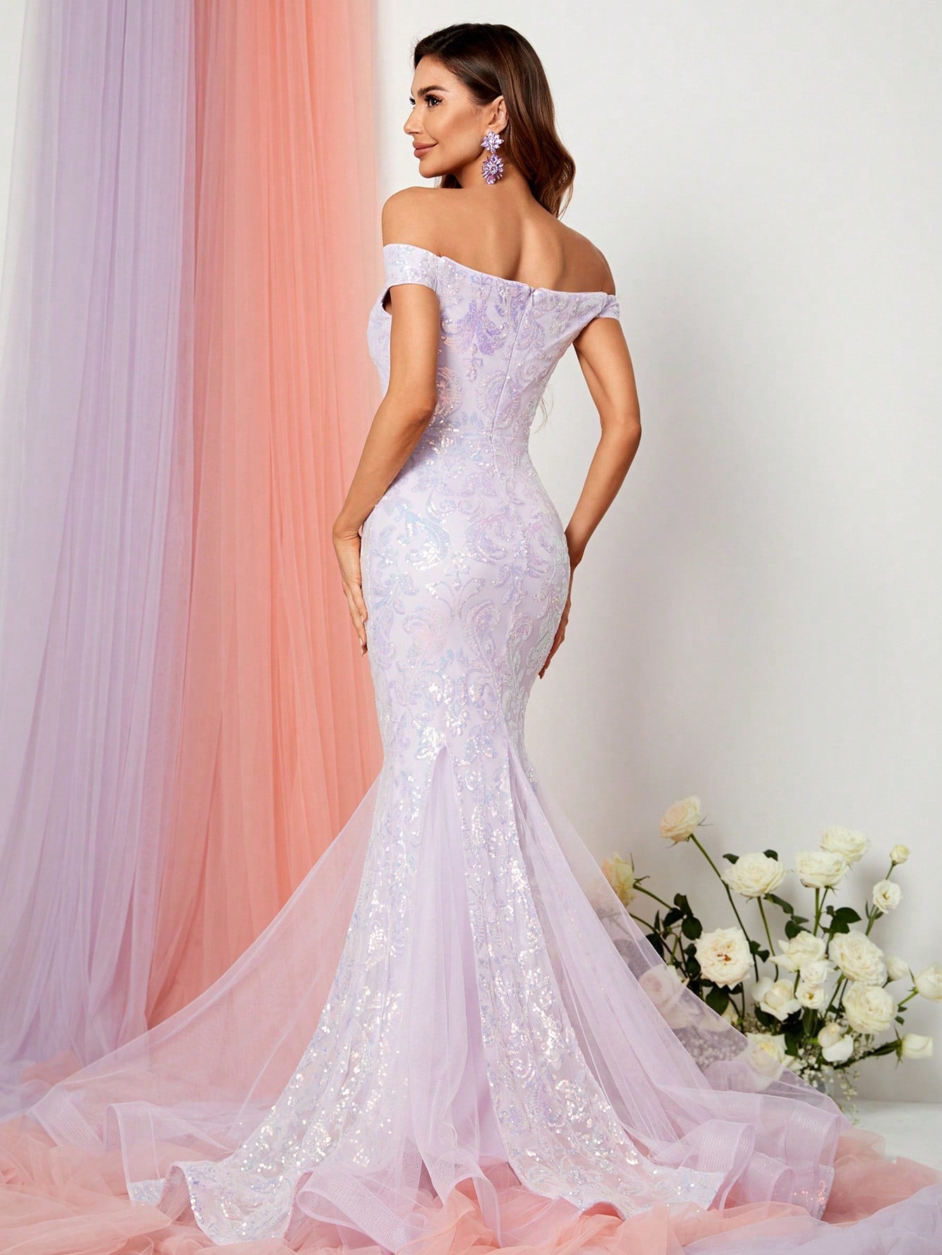 Off Shoulder Sweetheart Mesh Insert Mermaid Dress