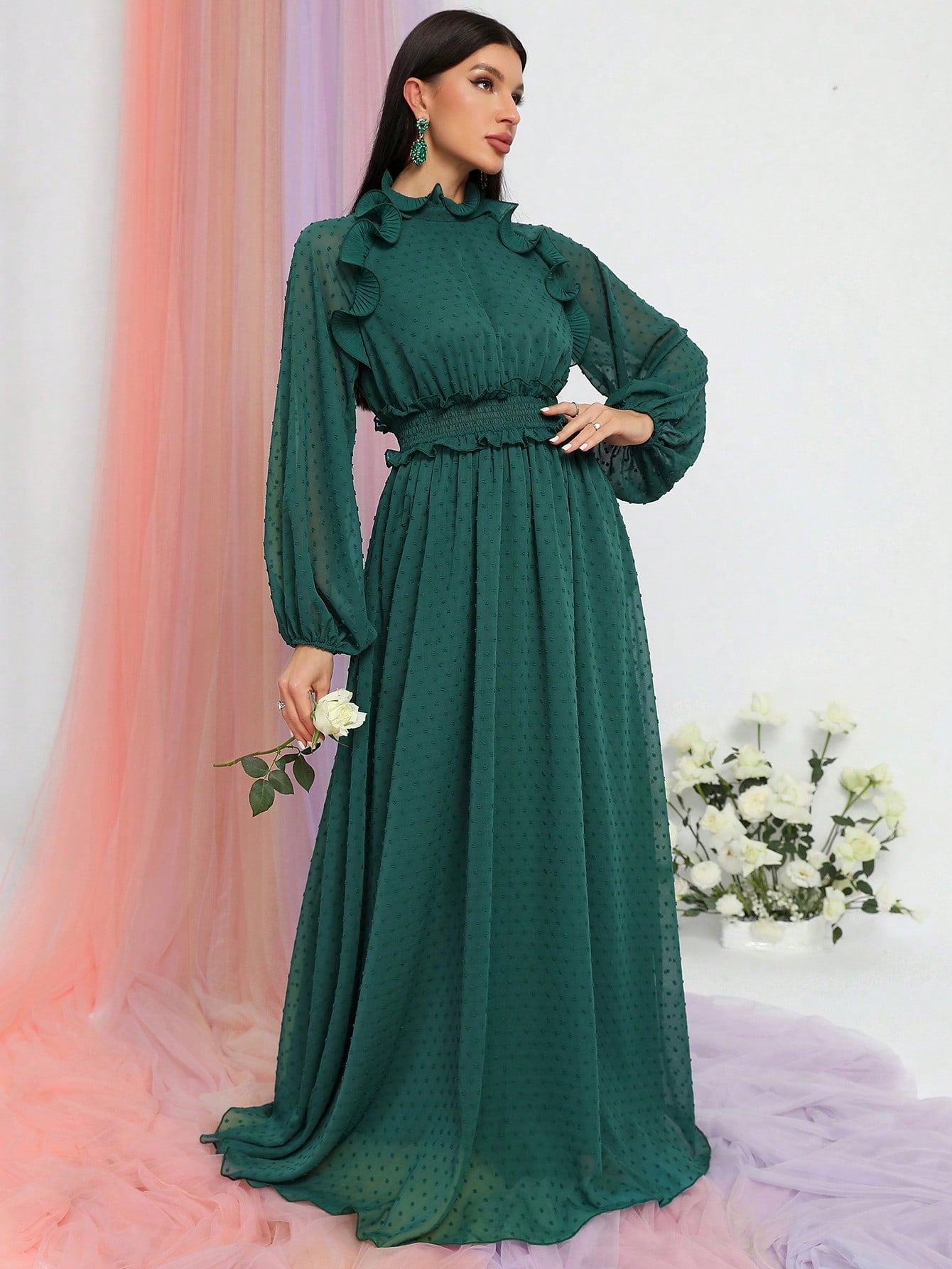 Ruffle Trim Mock Neck Lantern Sleeve Chiffon Dress