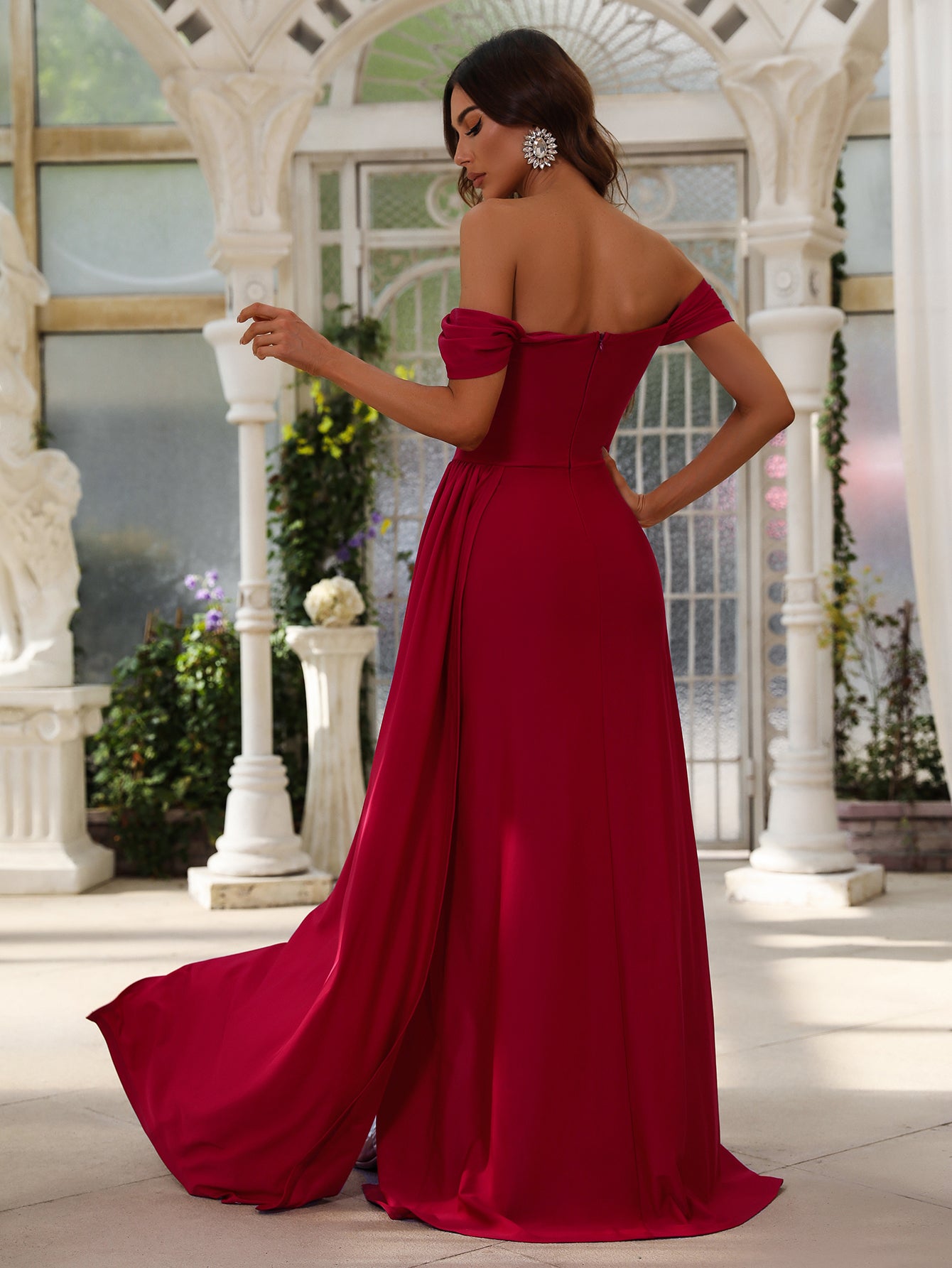 Elegant Off Shoulder Short Sleeve Satin Slit Dresses