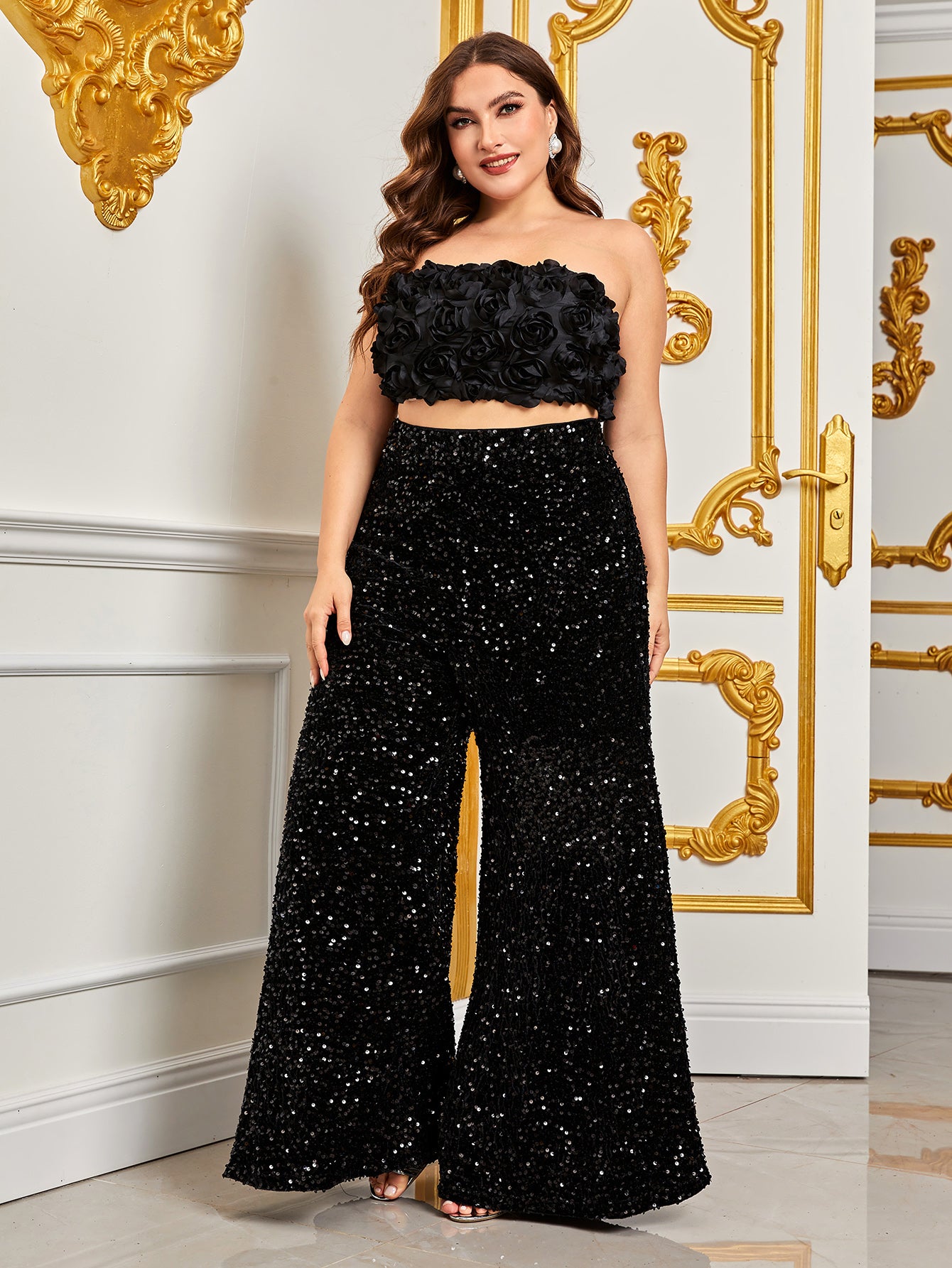 Plus 3D Flowers Tube Top & Wide Leg Sequin Pants