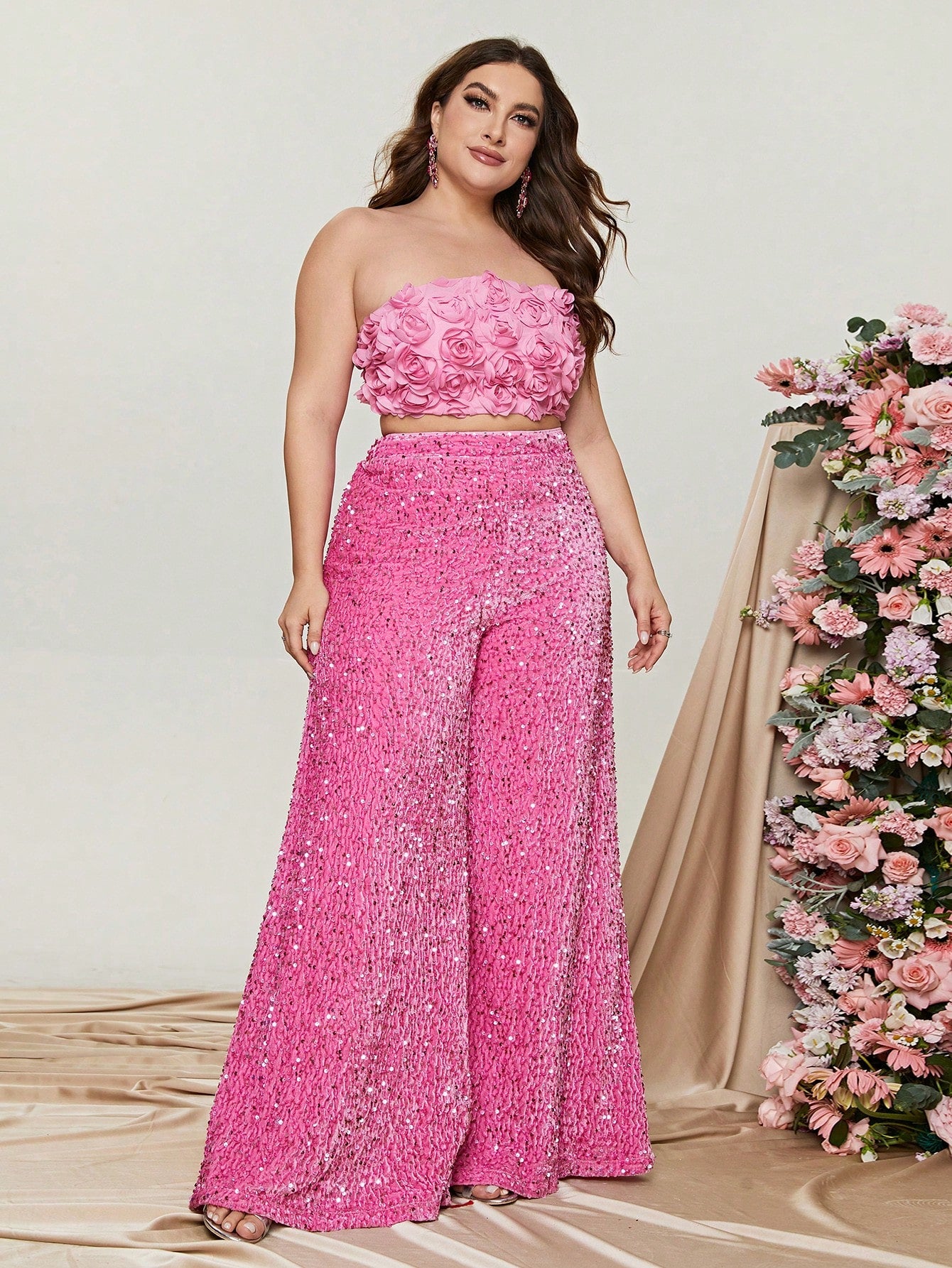 Plus 3D Flowers Tube Top & Wide Leg Sequin Pants