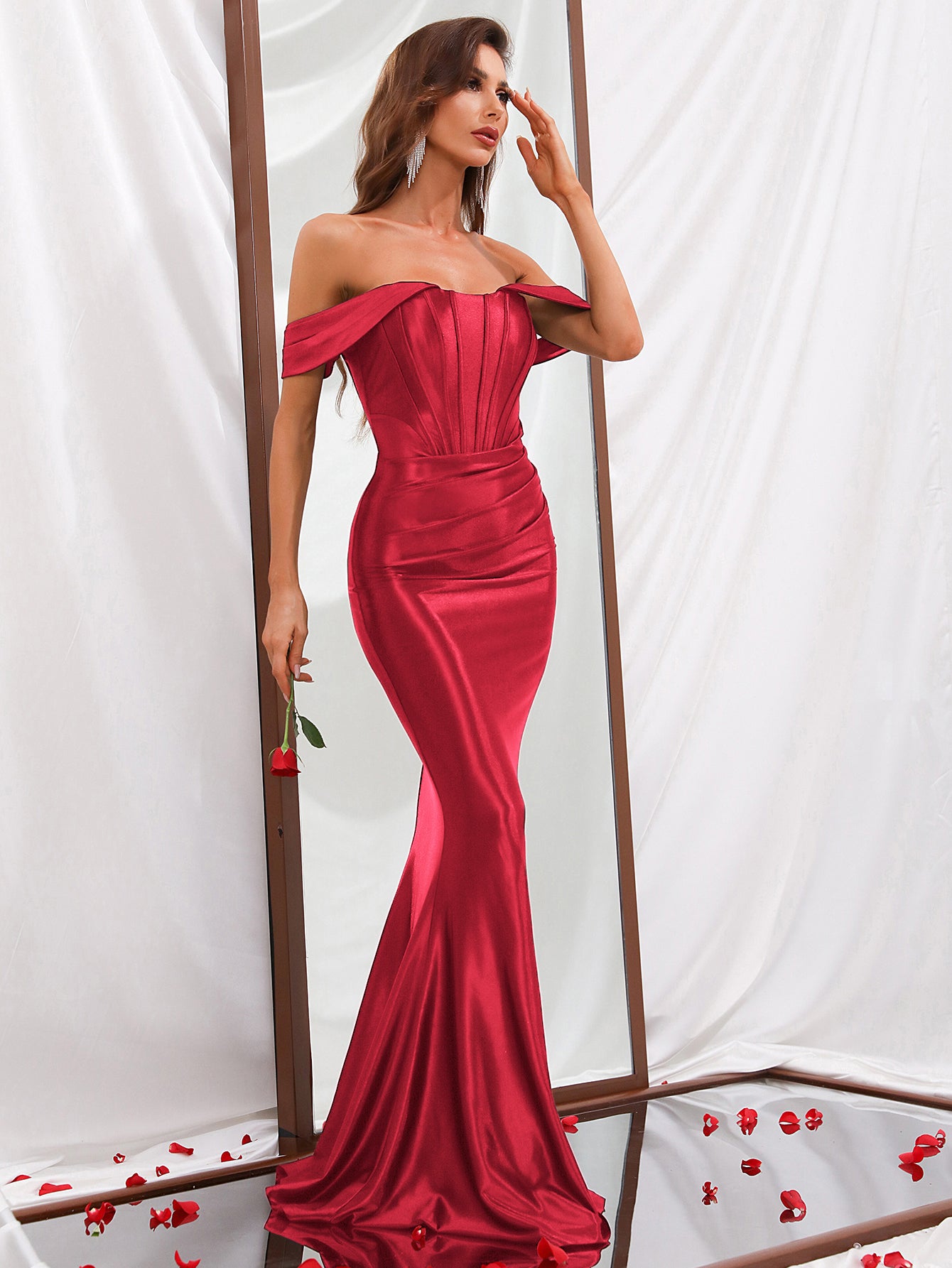 Pleated  Off Shoulder Satin Mermaid Dresses