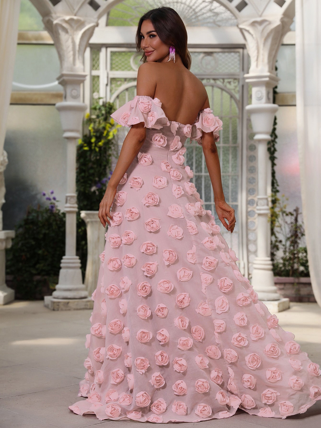 Elegant Off Shoulder Pink 3D Flower A-Line Dresses