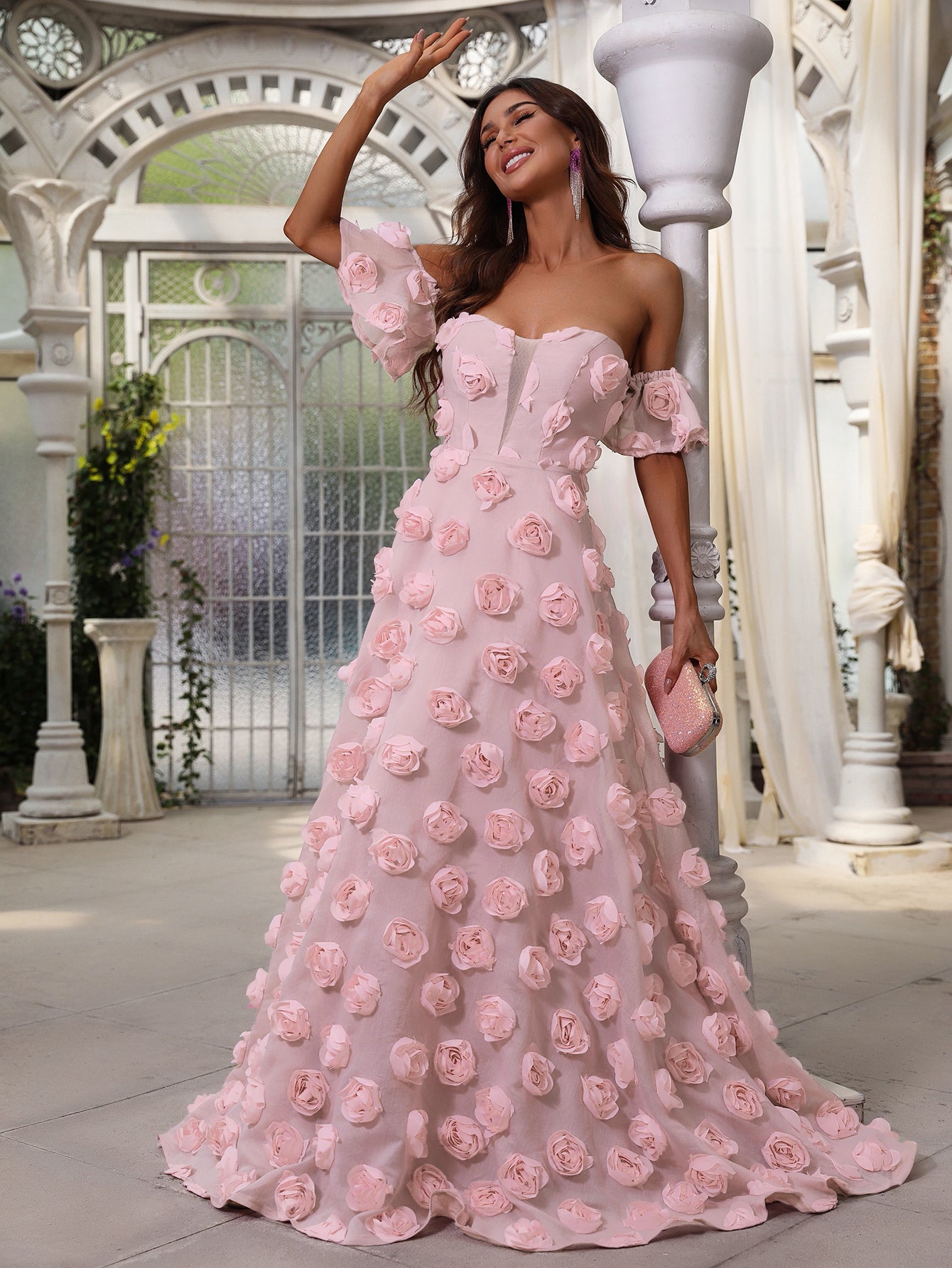 Elegant Off Shoulder Pink 3D Flower A-Line Dresses