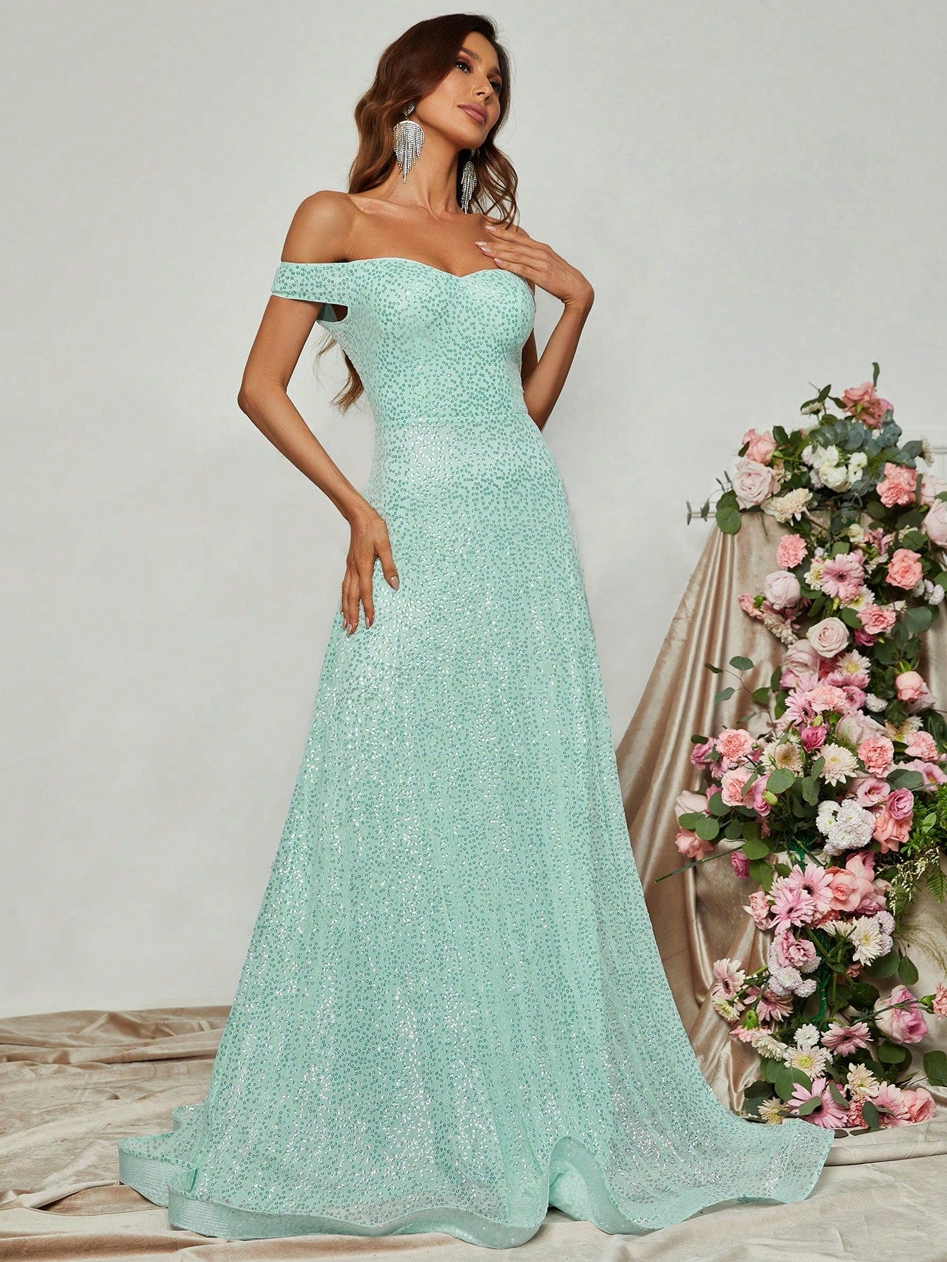 Elegant Sweetheart Neck Off Shoulder Sequin A Line Dress