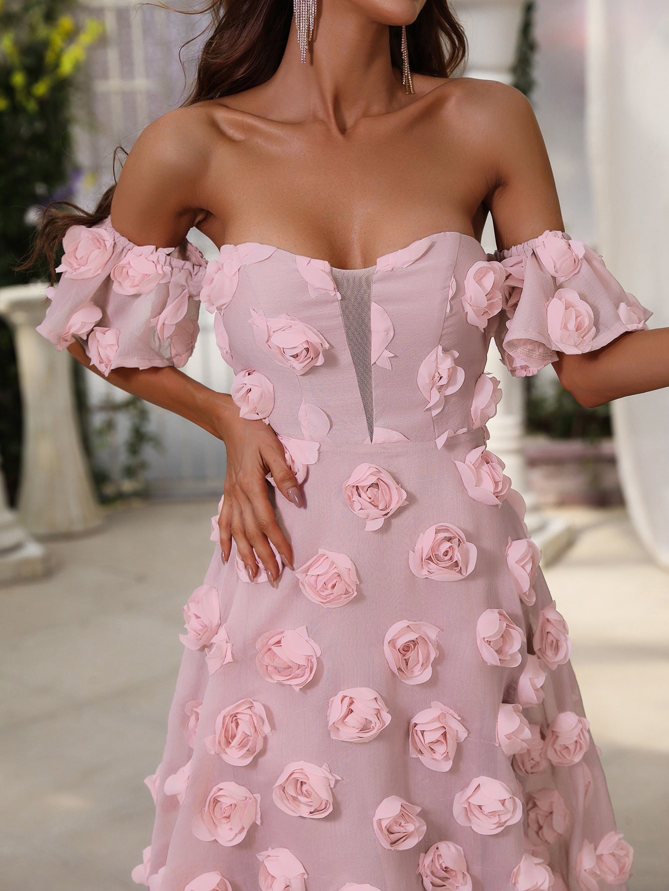 Elegant Off Shoulder Pink 3D Flower A-Line Dresses