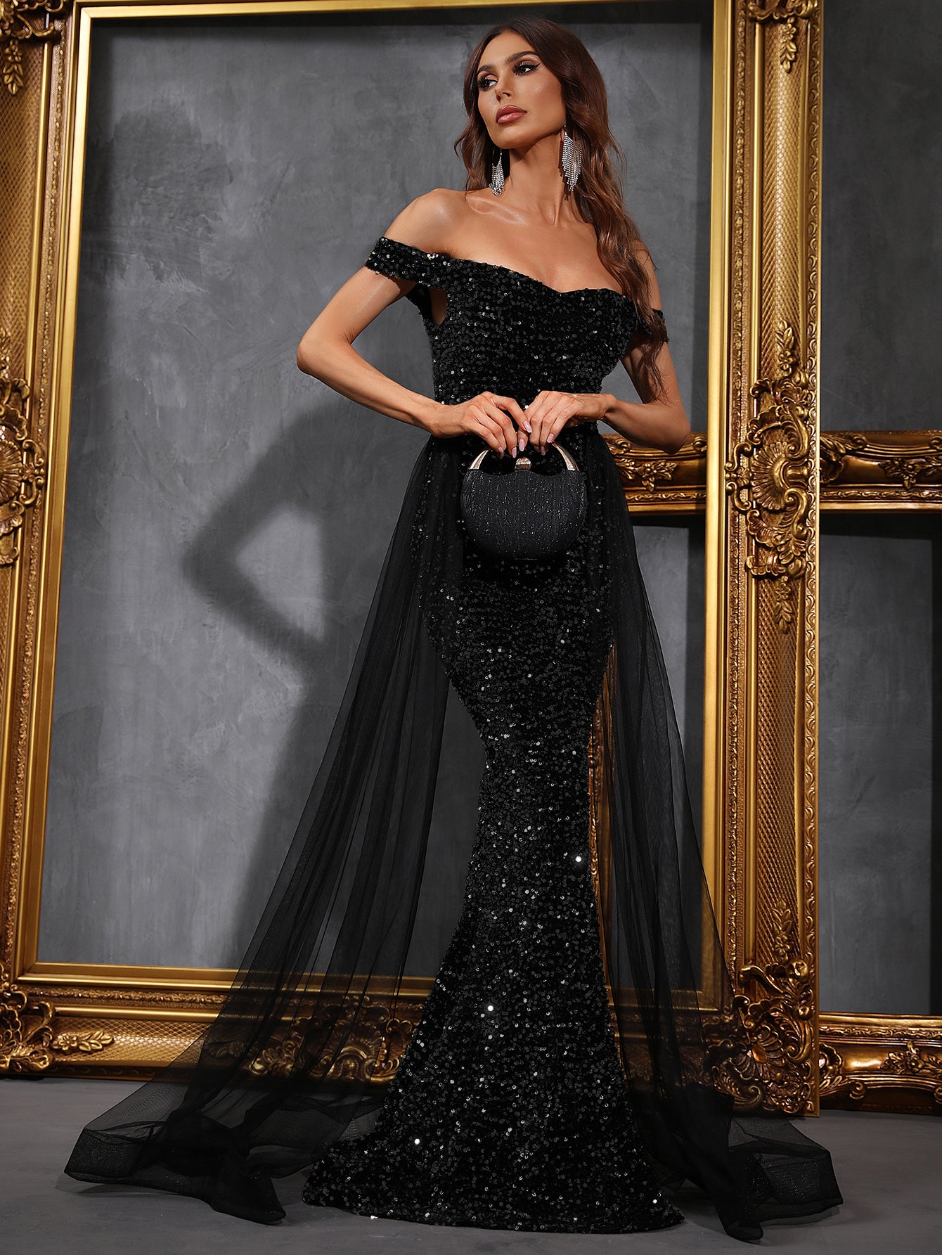 Mesh Layer On Waist Off Shoulder Black Sequin Mermaid Dresses