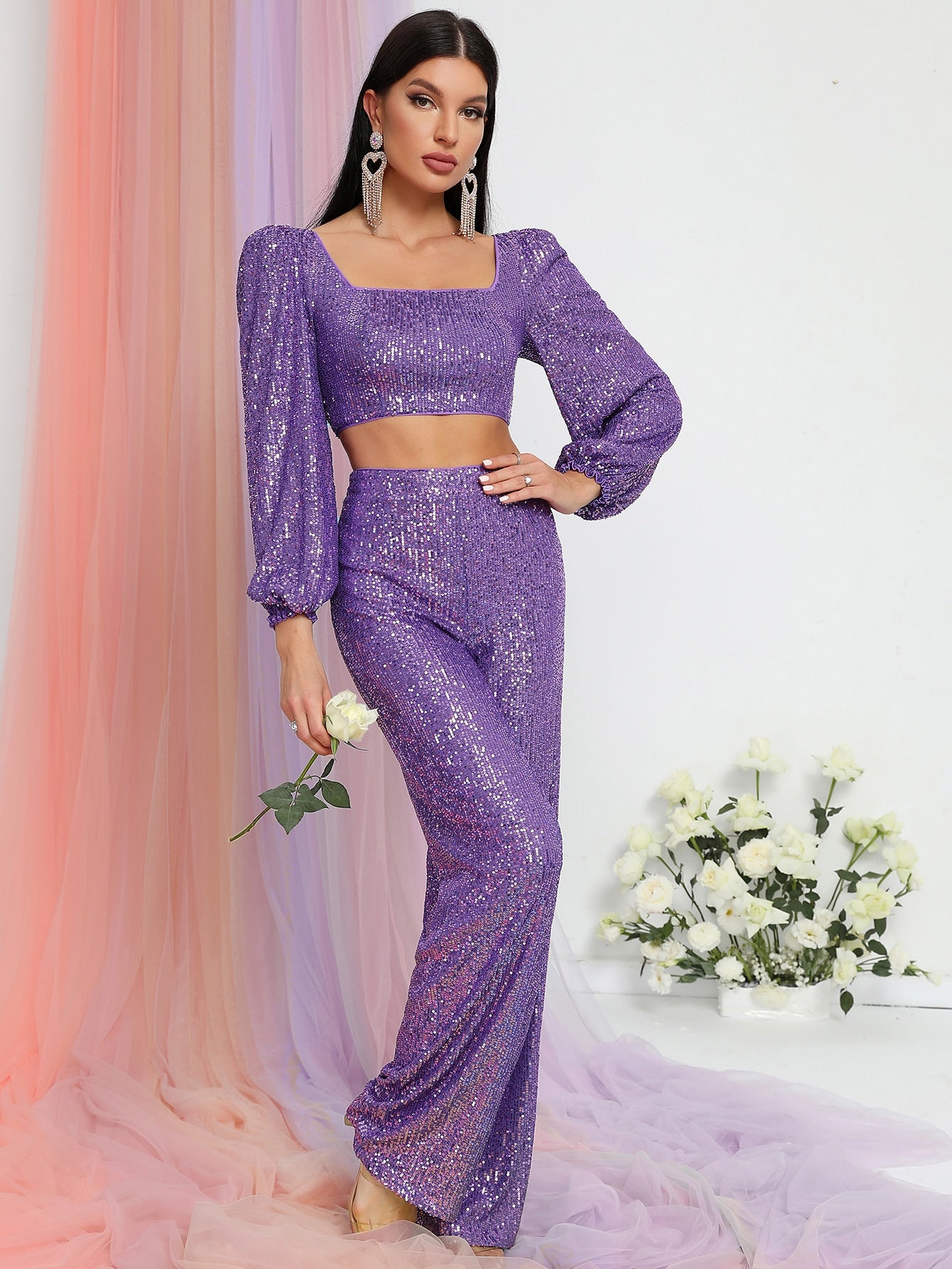 Elegant Long Sleeve Two Piece Sequin Set