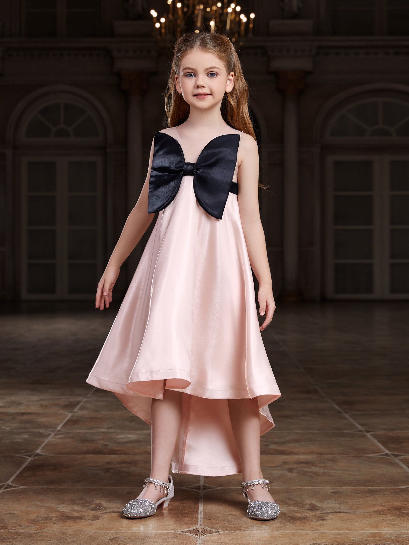 Girl's Bow Front Sleeveless Satin A Line Dress