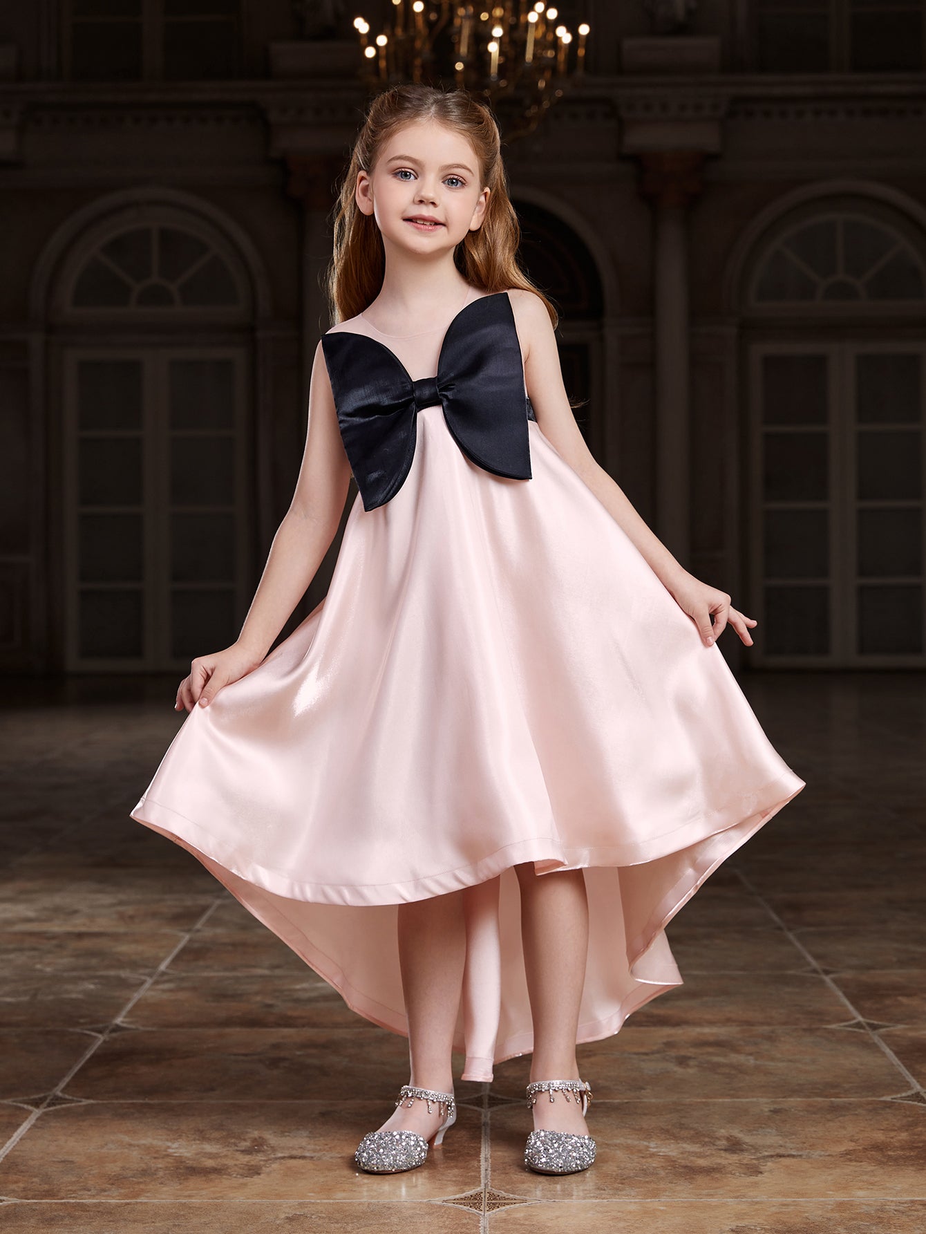 Girl's Bow Front Sleeveless Satin A Line Dress