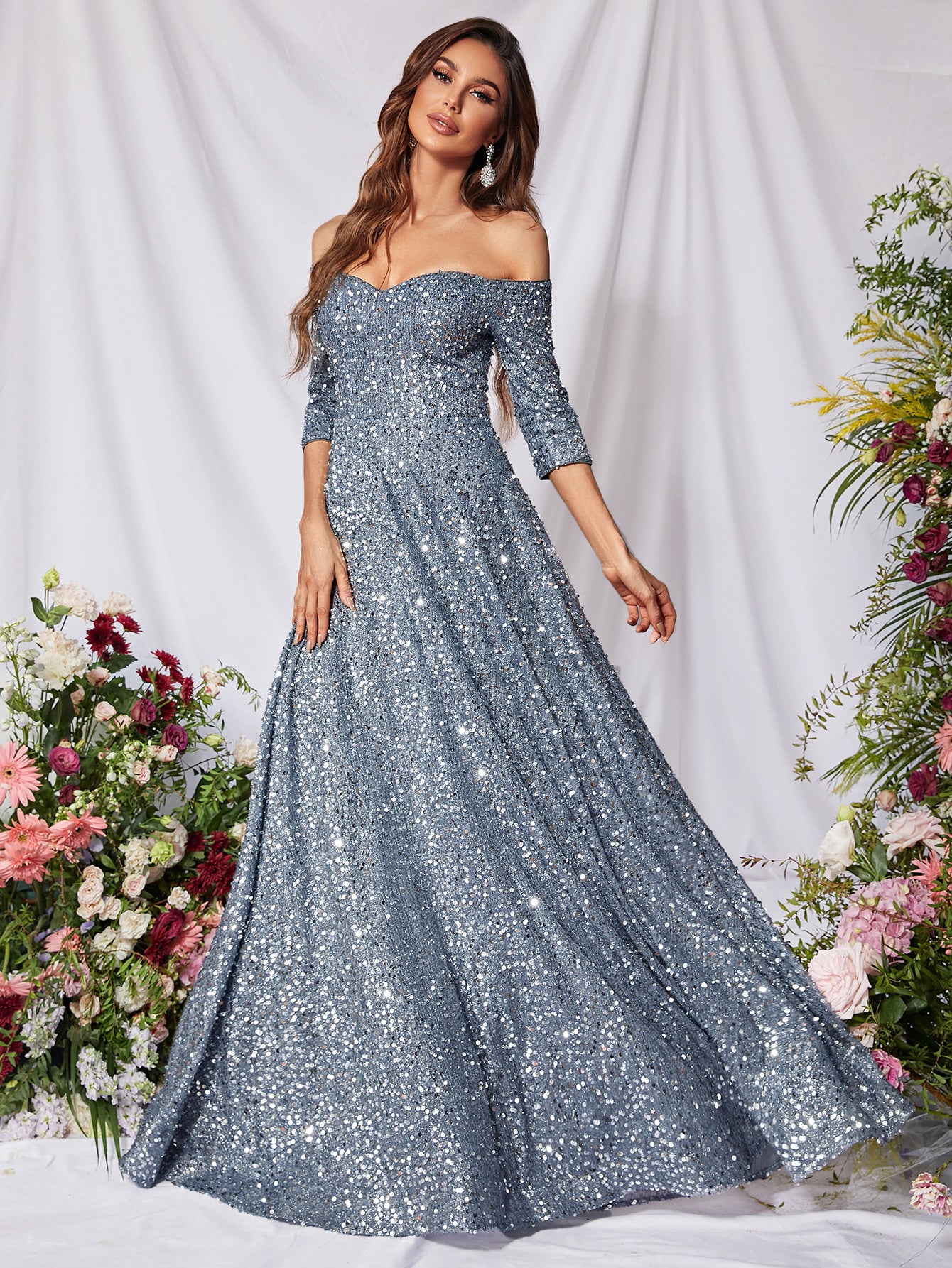 3/4 Sleeve Off Shoulder Sequin A Line Dresses