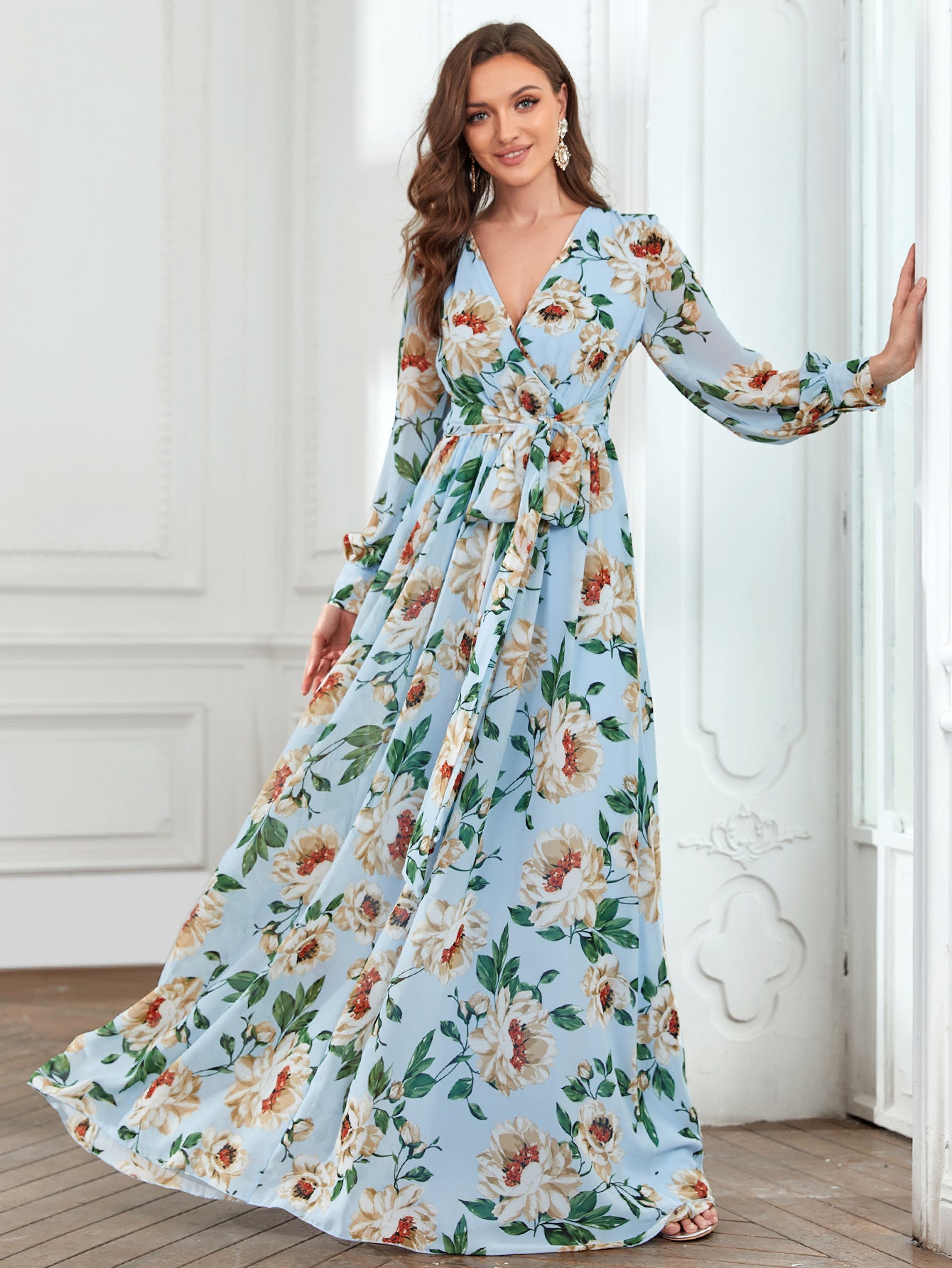 Elegant V Neck Long Sleeve Chiffon Floral Print Dress