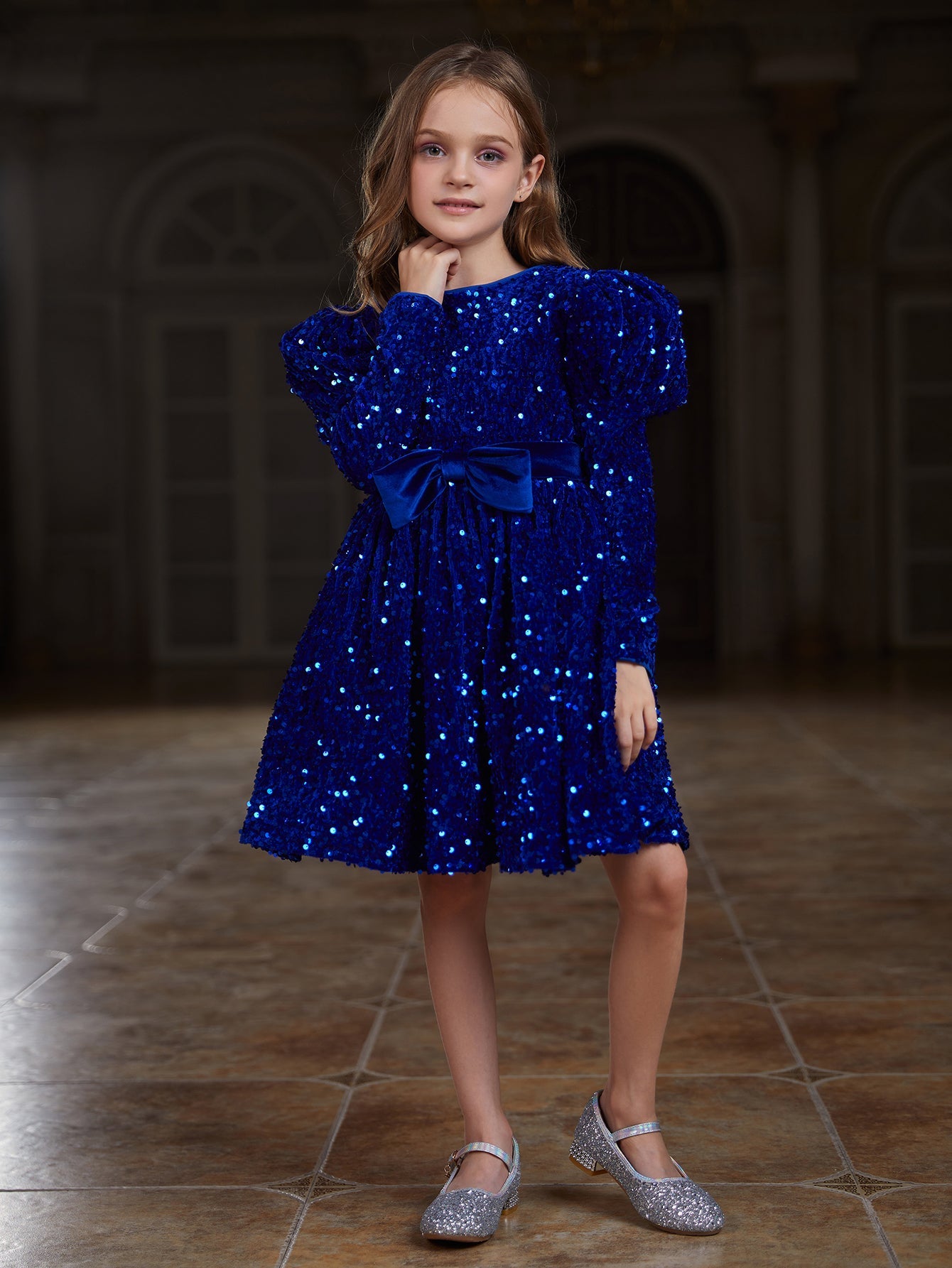 Girl's Gigot Sleeve Bow Decor Sequin Midi Dress