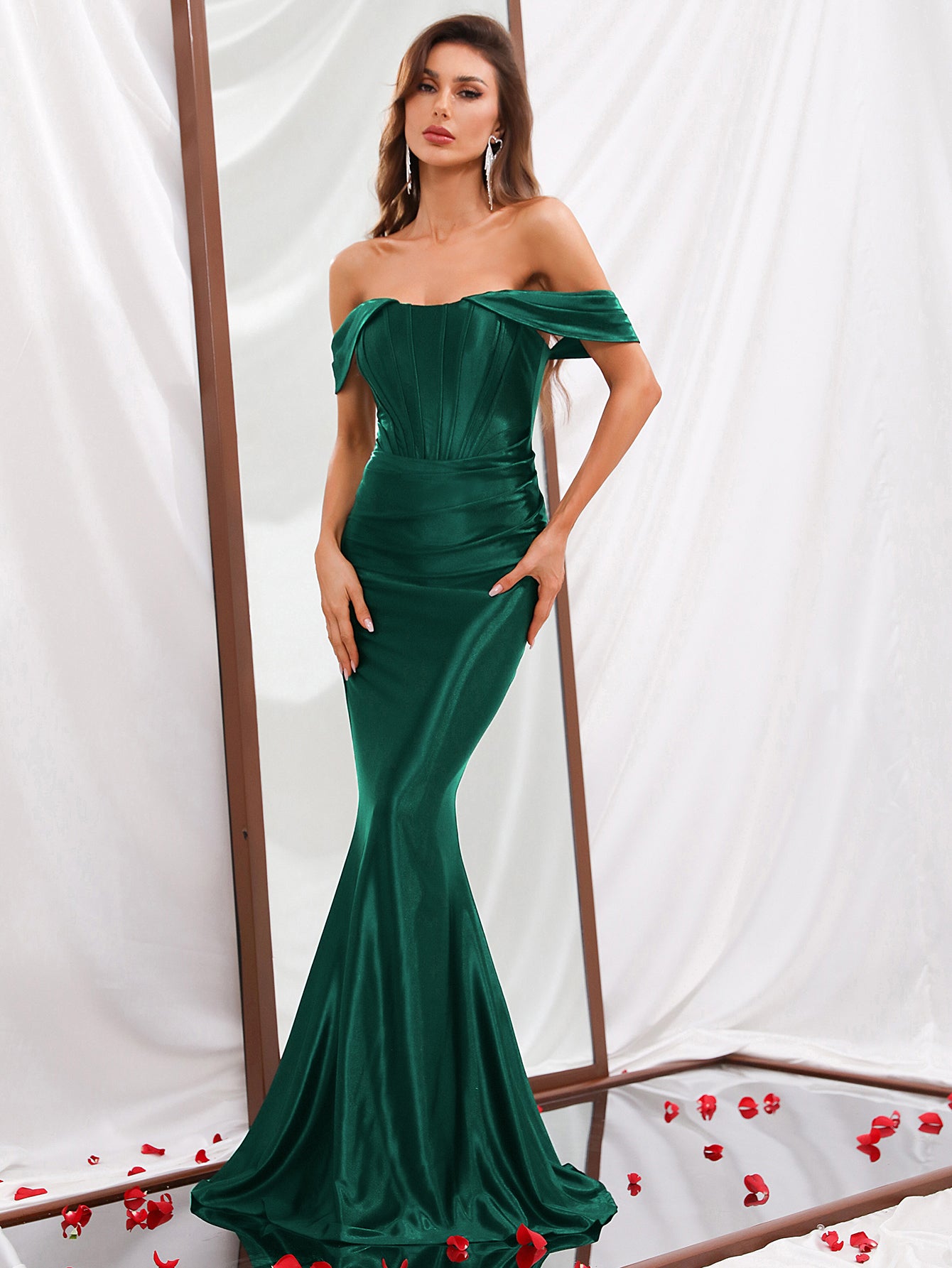 Elegant Pleated Off Shoulder Satin Mermaid Dresses