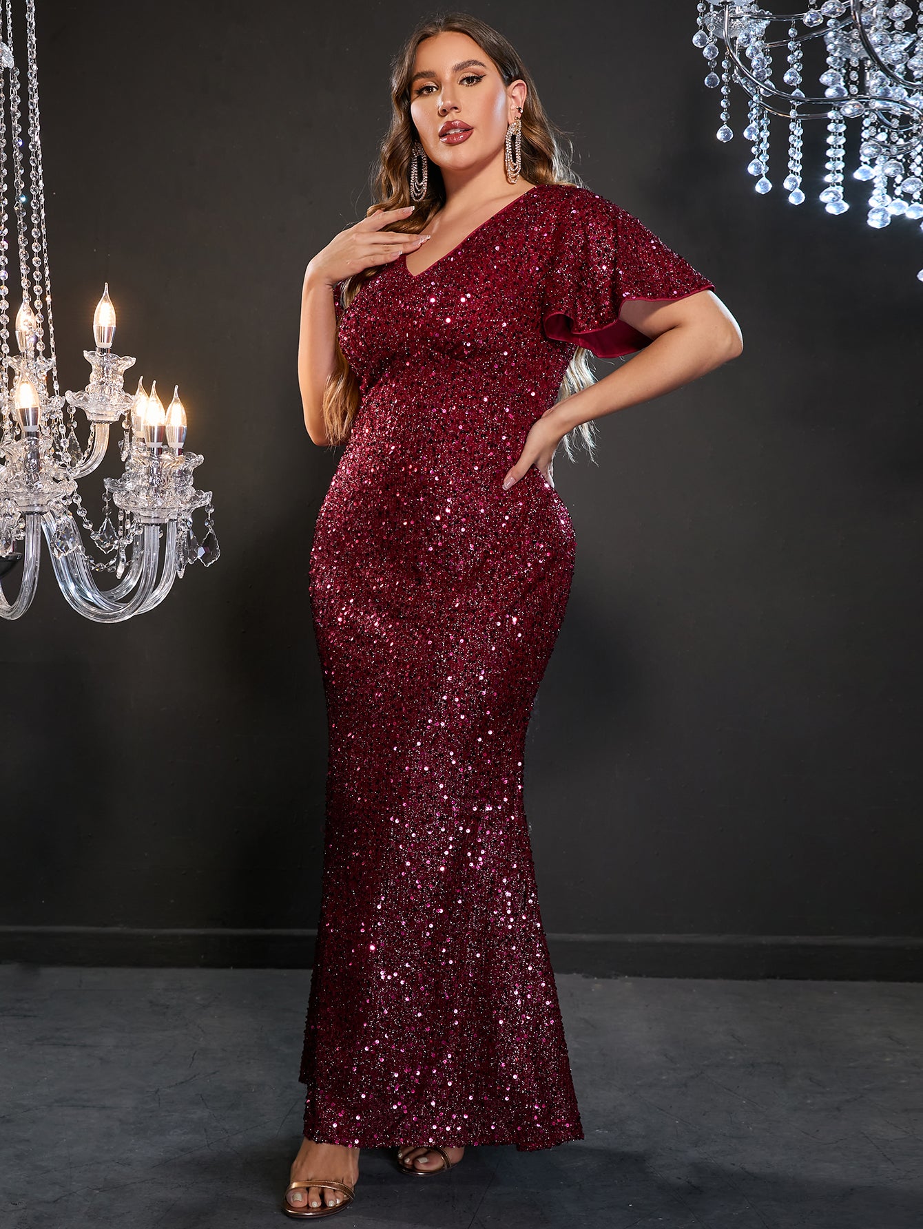 Plus Size Ruffle Sleeve V Neck Sequin Mermaid Dresses