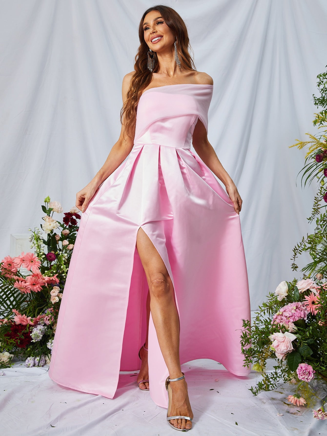 One Shoulder Sleeveless Satin Slit A Line Dresses