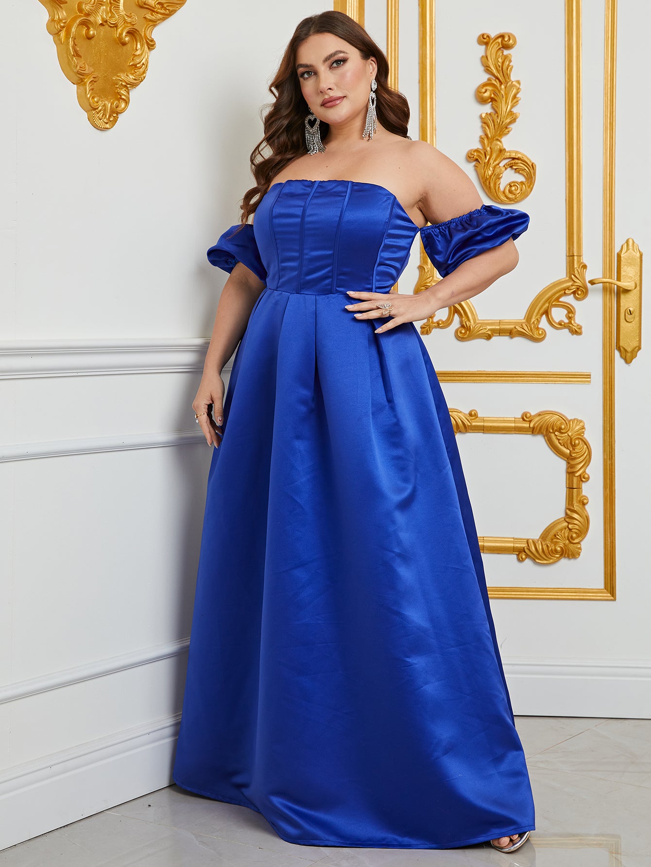 Plus Off Shoulder Puff Sleeves Ruched Bust Fold Pleated Satin Gown