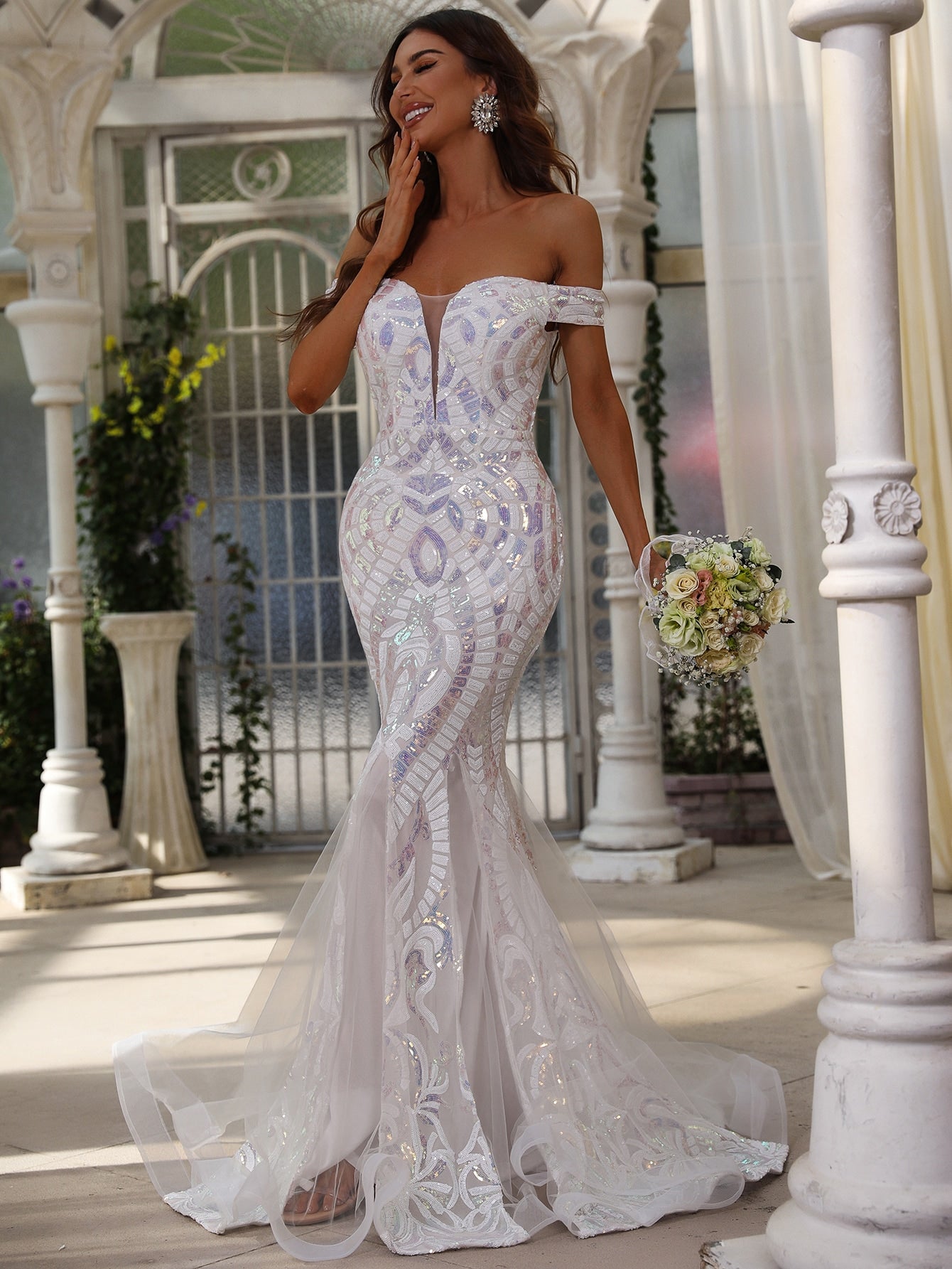 Elegant Off Shoulder Short Sleeve Sequin Slit Mermaid Dresses