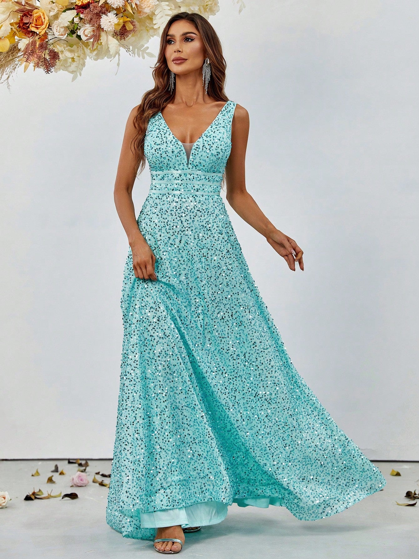 Elegant V Neck Sleeveless Sequin A-line Dresses