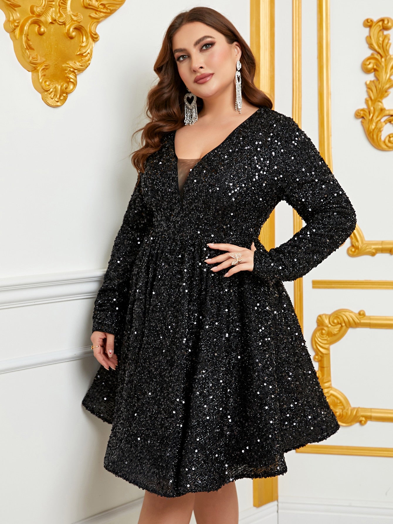 Plus Size V Neck Long Sleeve Sequin Mini A Line Dress