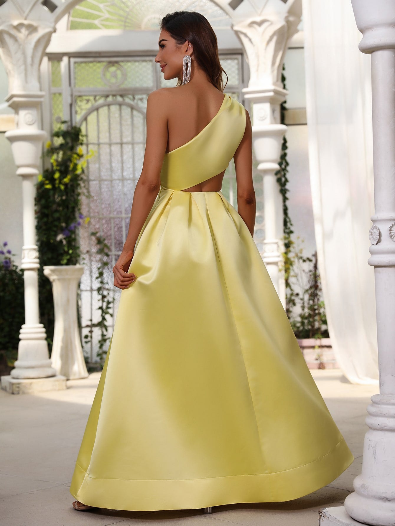 Cut Out One Shoulder Sleeveless Satin A line Dresses