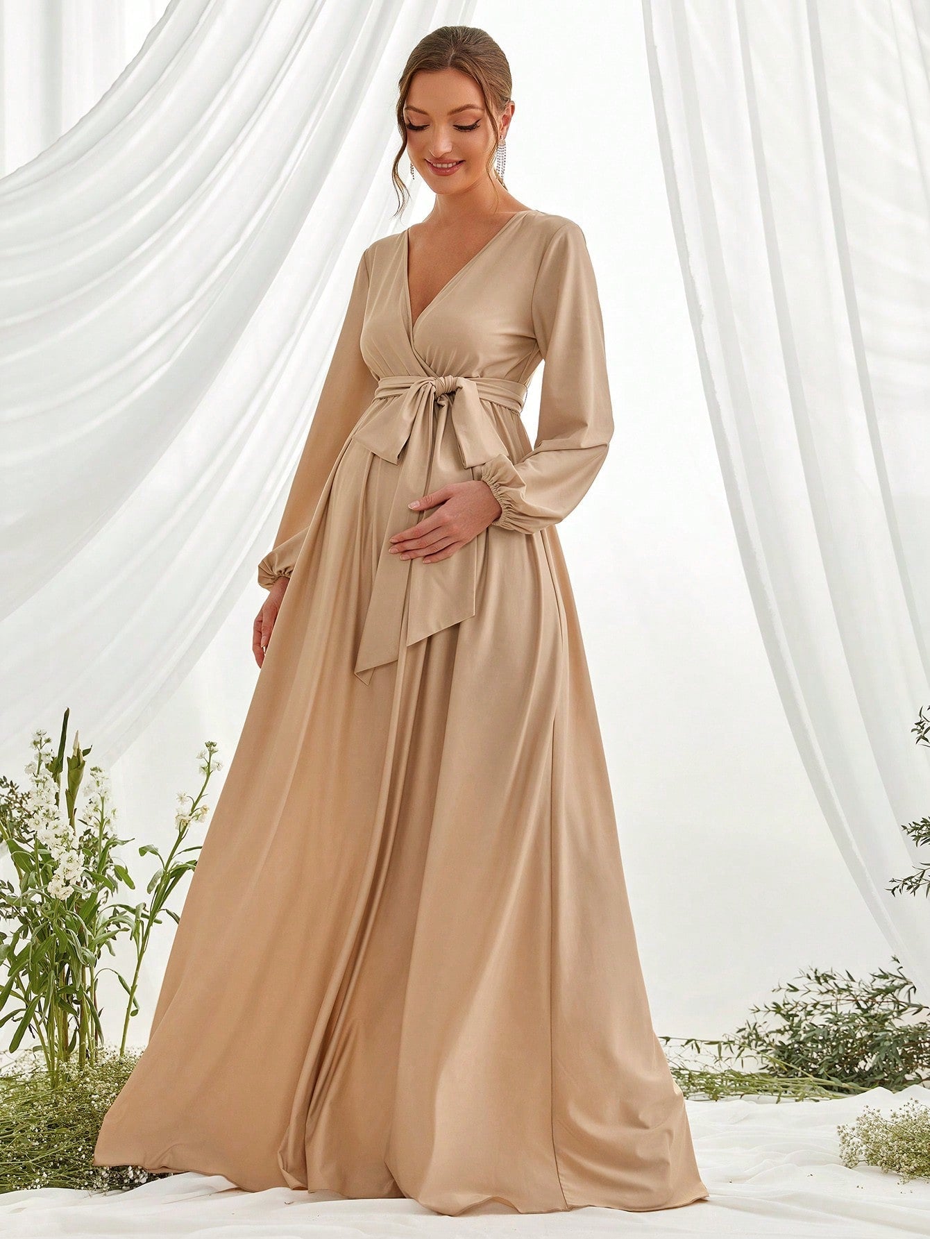 Surplice Neck A  Line Maternity Belted Dress