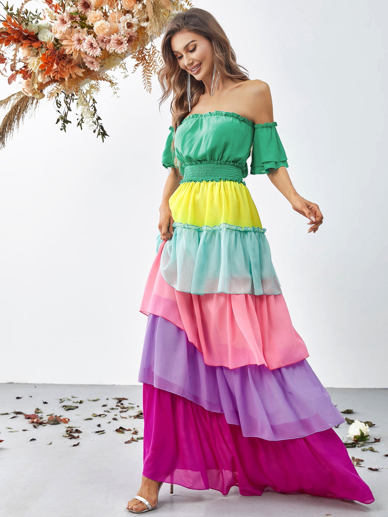 Off Shoulder Ruffle Sleeve Color Block Chiffon Layered Dresses